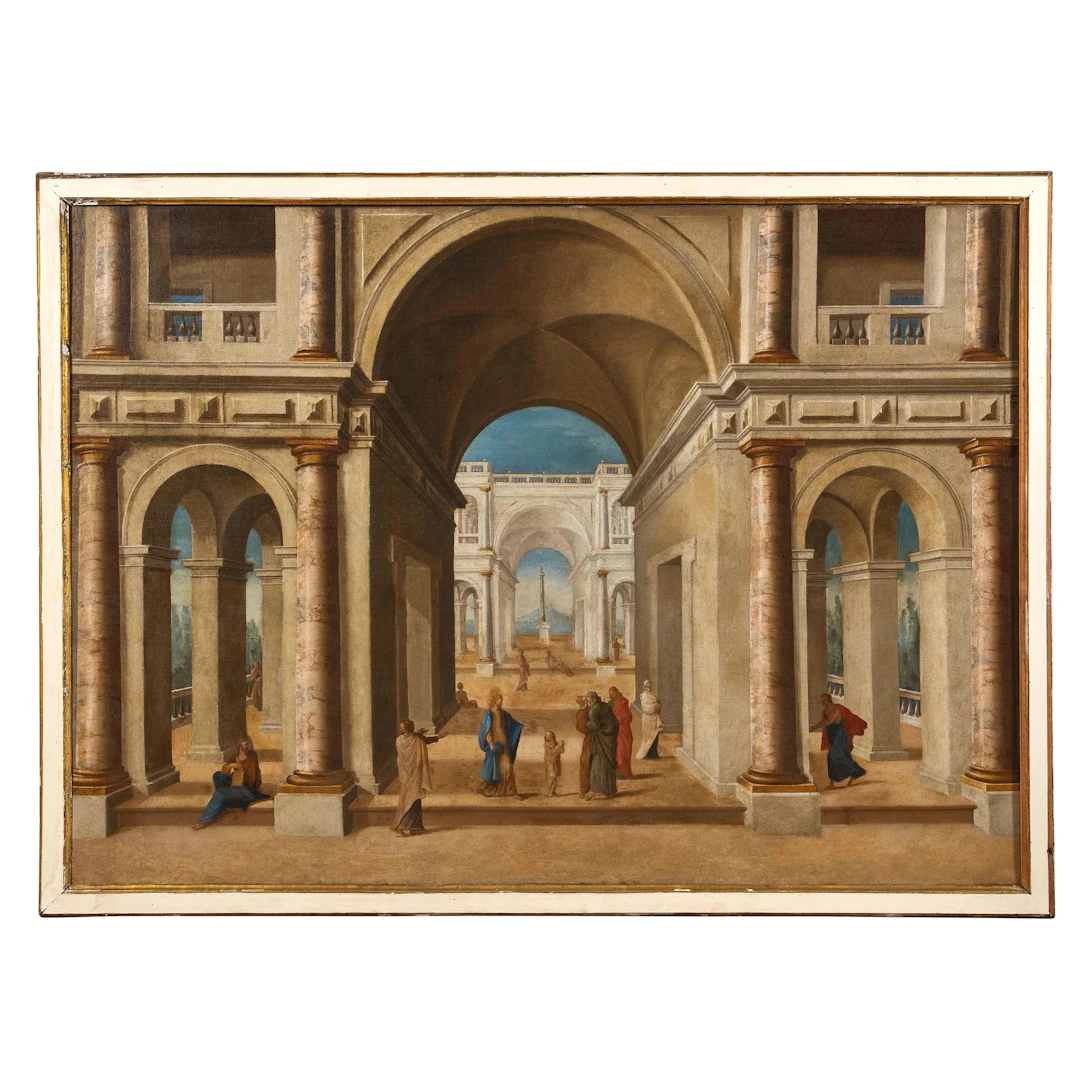 Neapolitan school, 17th century, architectural view with figures, oil on canvas