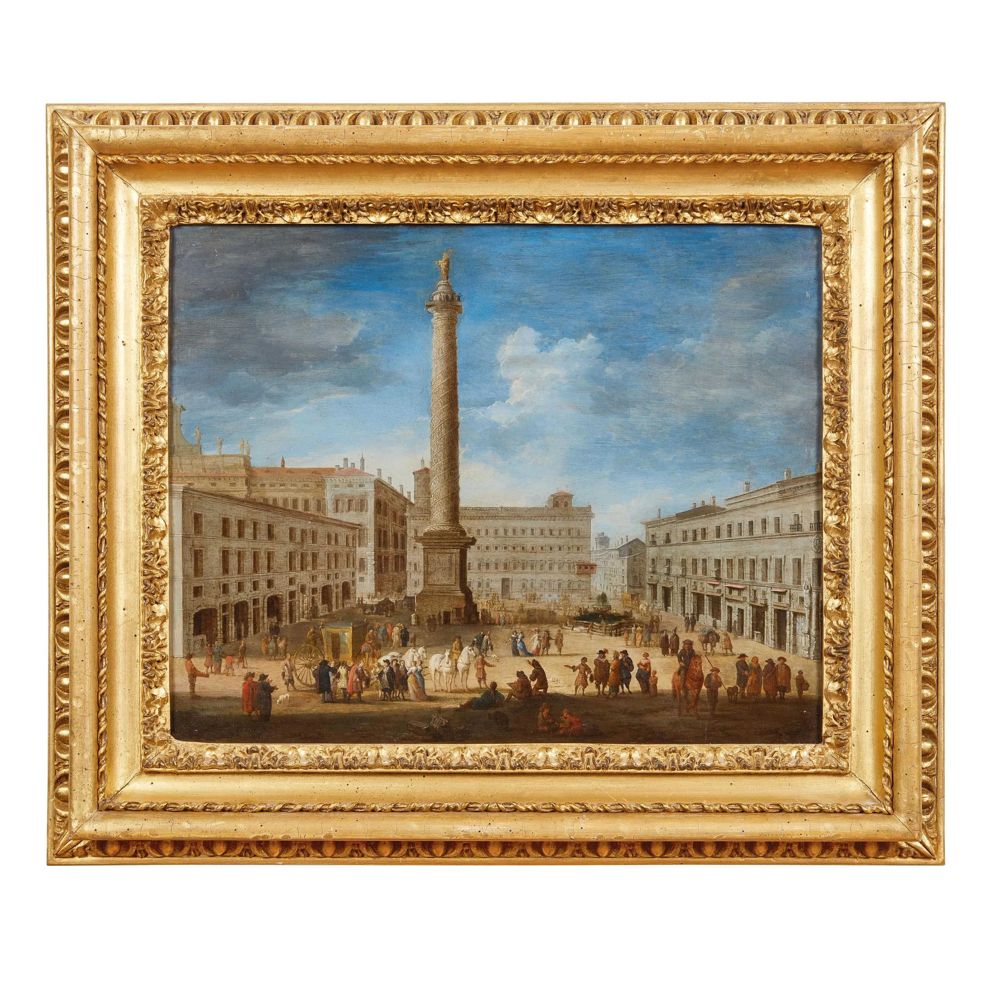 Roman painter, 18th century, view of Piazza Colonna, oil on copper