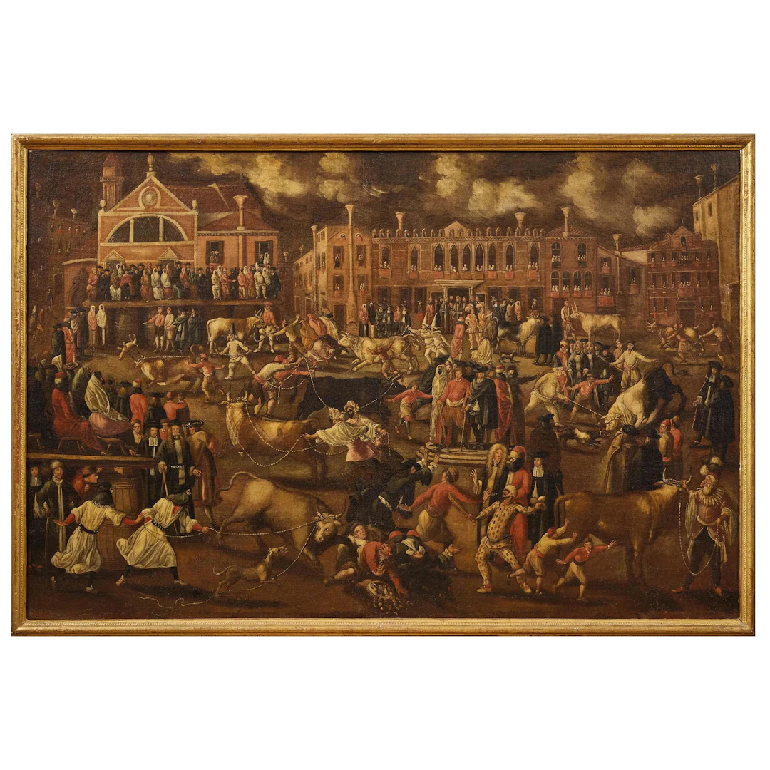 Venetian painter, 17th century, bull hunt in campo San Polo in Venice