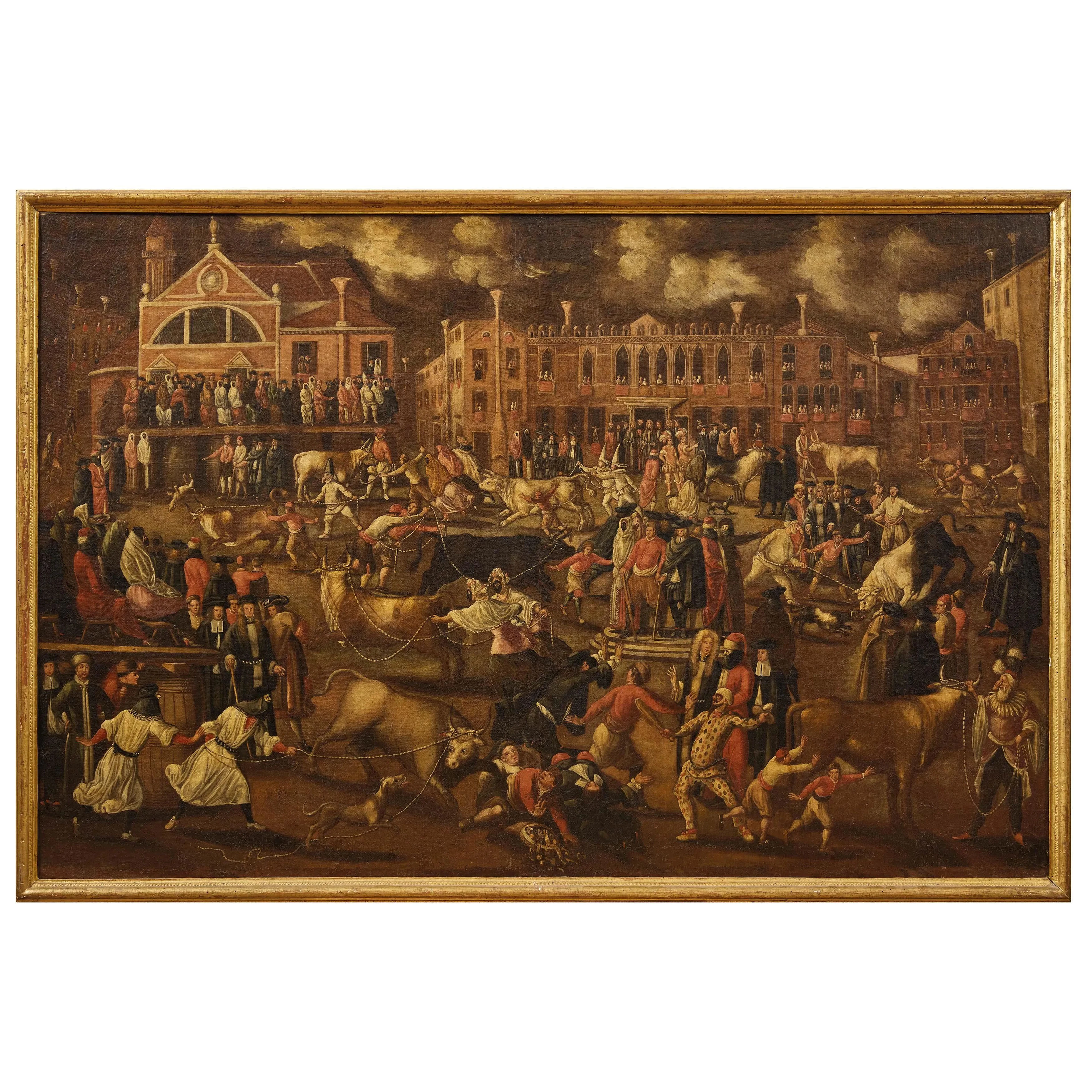 Venetian painter, 17th century, bull hunt in campo San Polo in Venice