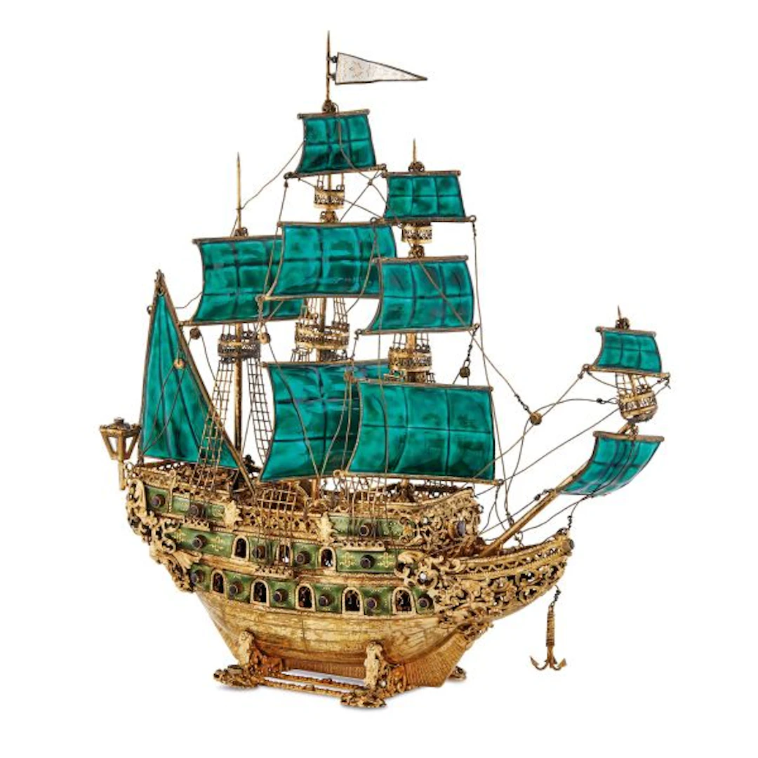 A SILVER-GILT AND ENAMEL NEF, 20TH CENTURY