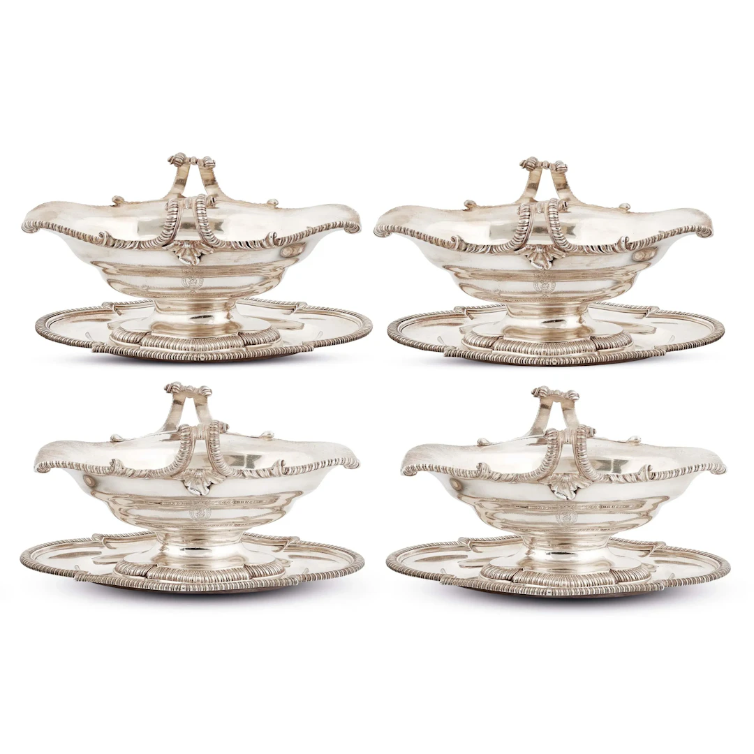 FOUR SILVER SAUCE BOATS WITH STANDS, EDWARD WAKELIN, LONDON, 1756/1757