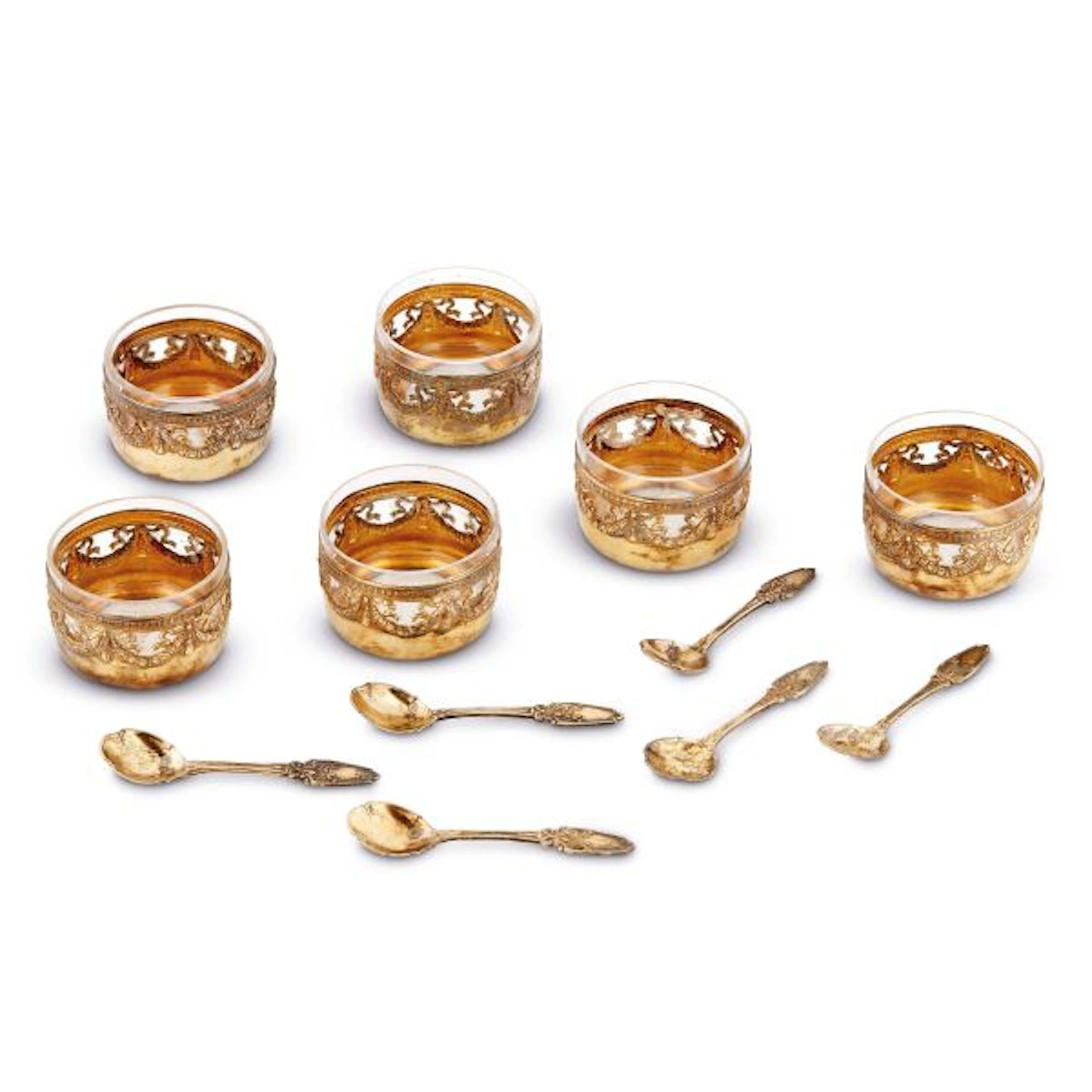 SIX SILVER GILT SALT CELLARS AND SPOONS, FRANCE, EARLY 20TH CENTURY