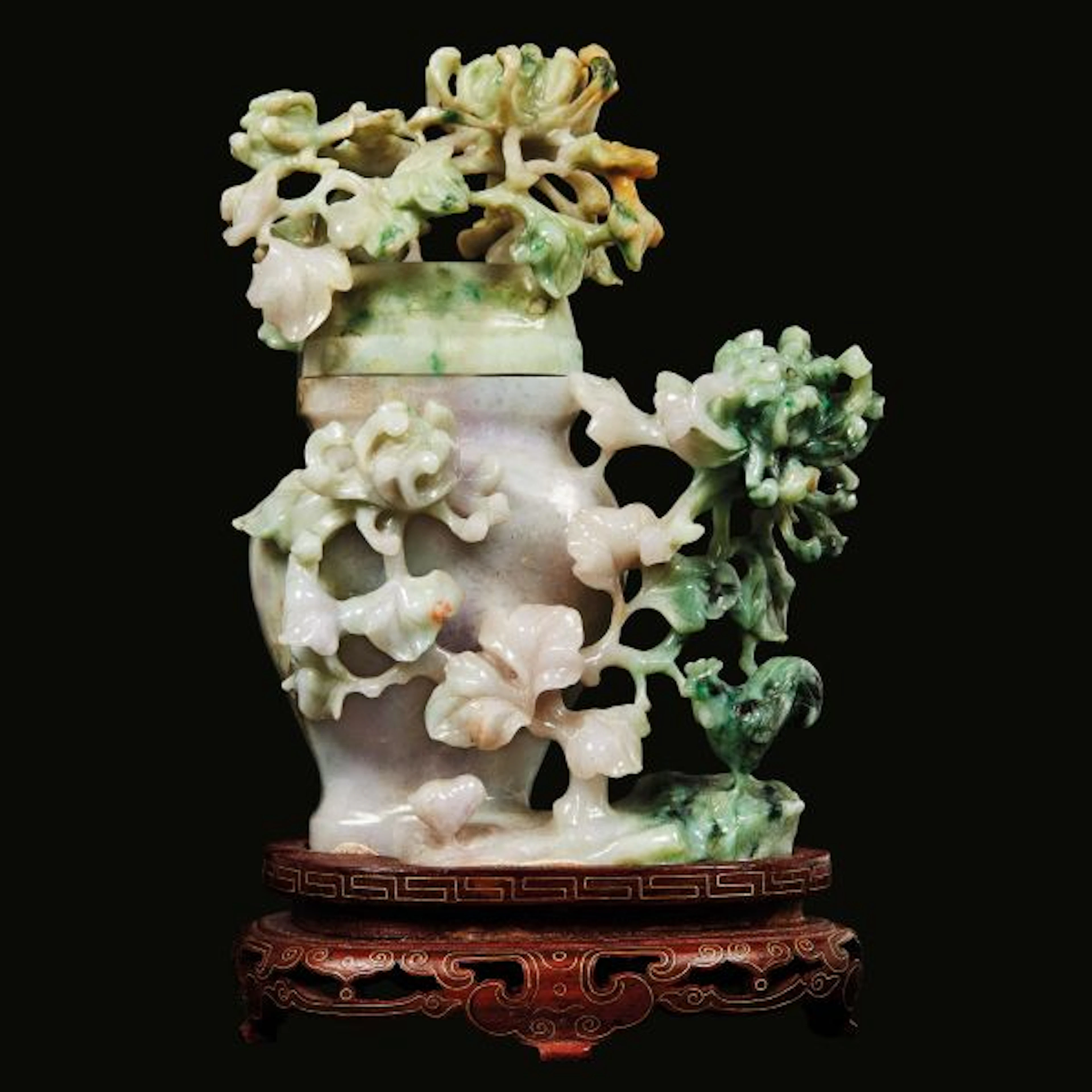 A LAVENDER AND GREEN JADEITE VASE AND COVER, CHINA, 20TH CENTURY