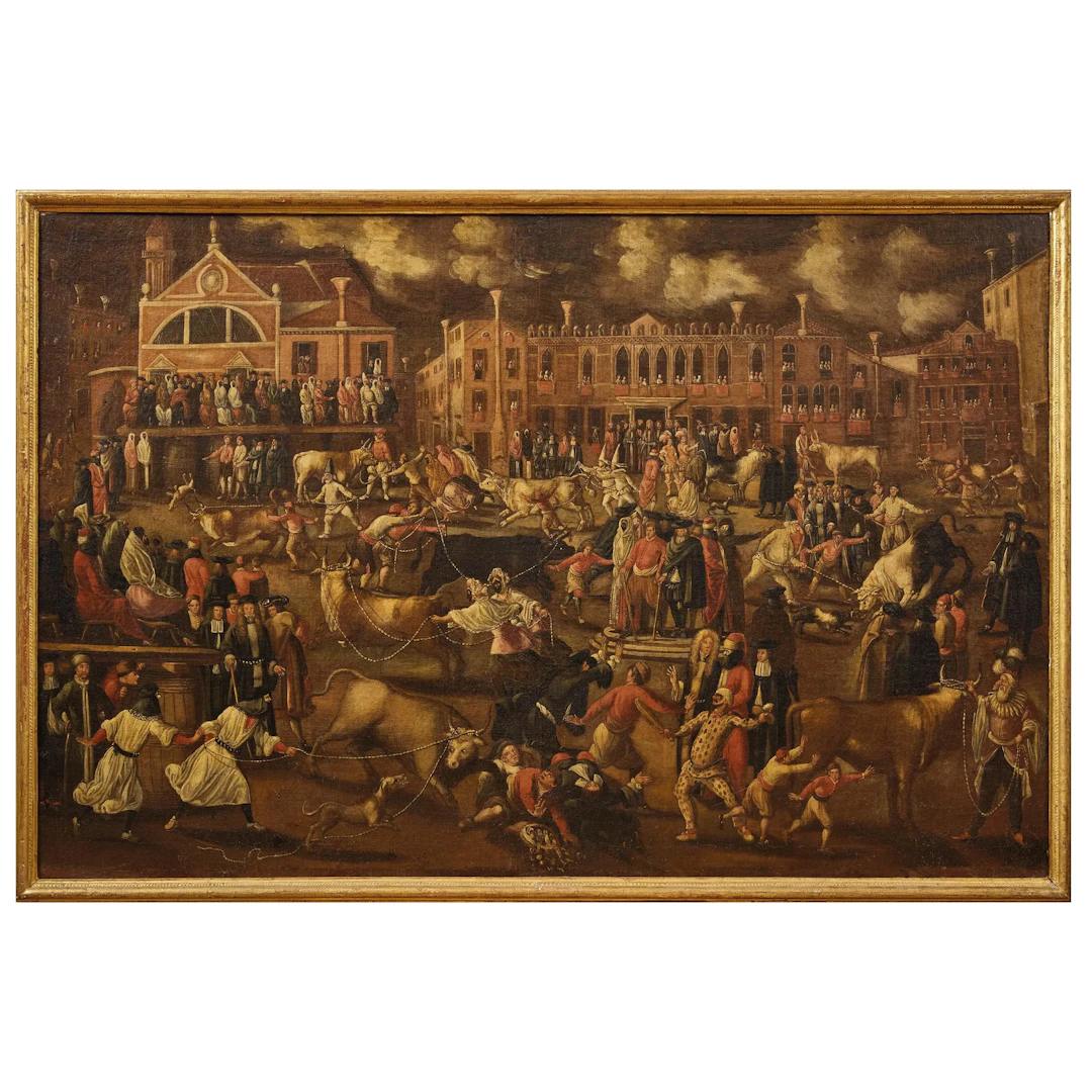 Venetian painter, 17th century, bull hunt in campo San Polo in Venice