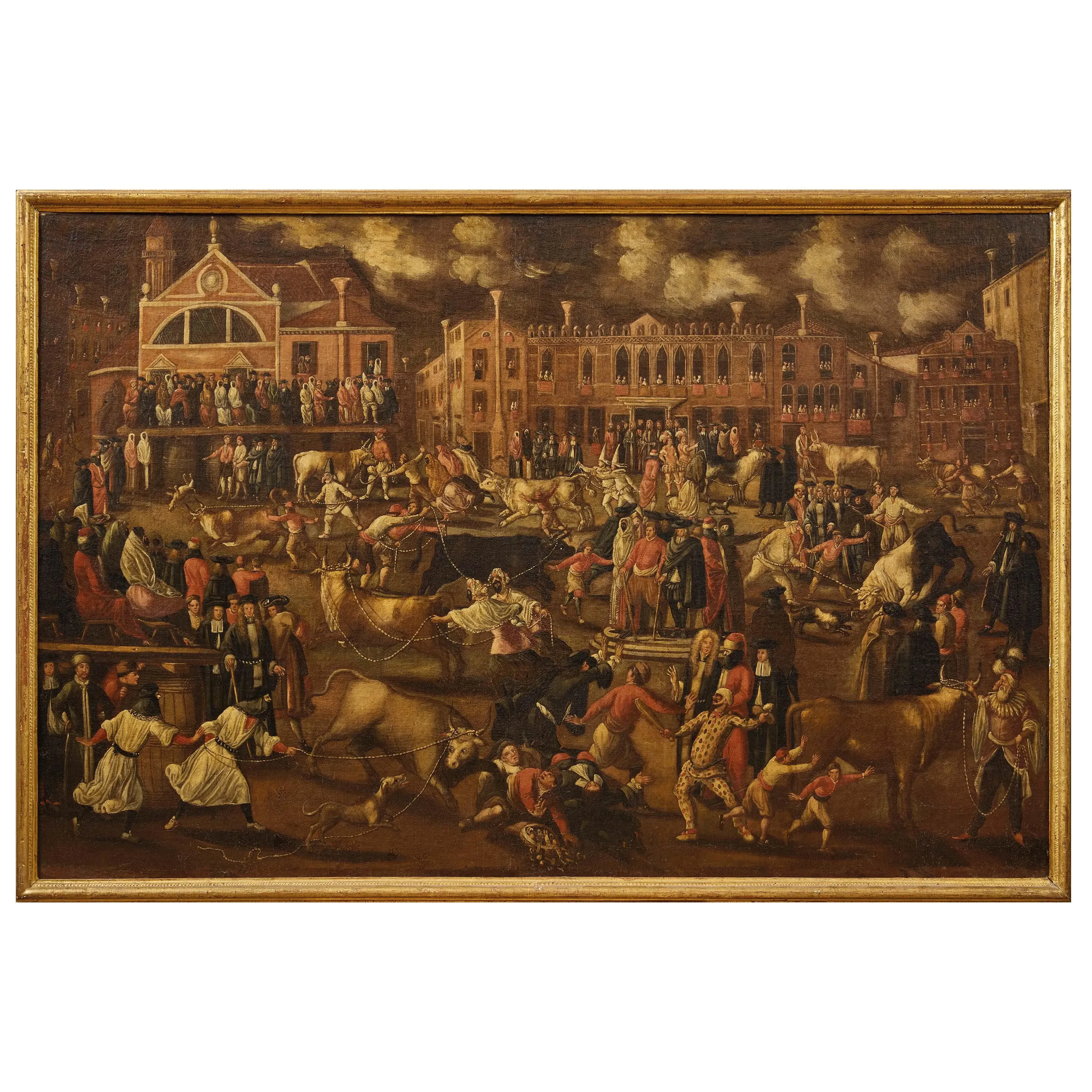 Venetian painter, 17th century, bull hunt in campo San Polo in Venice