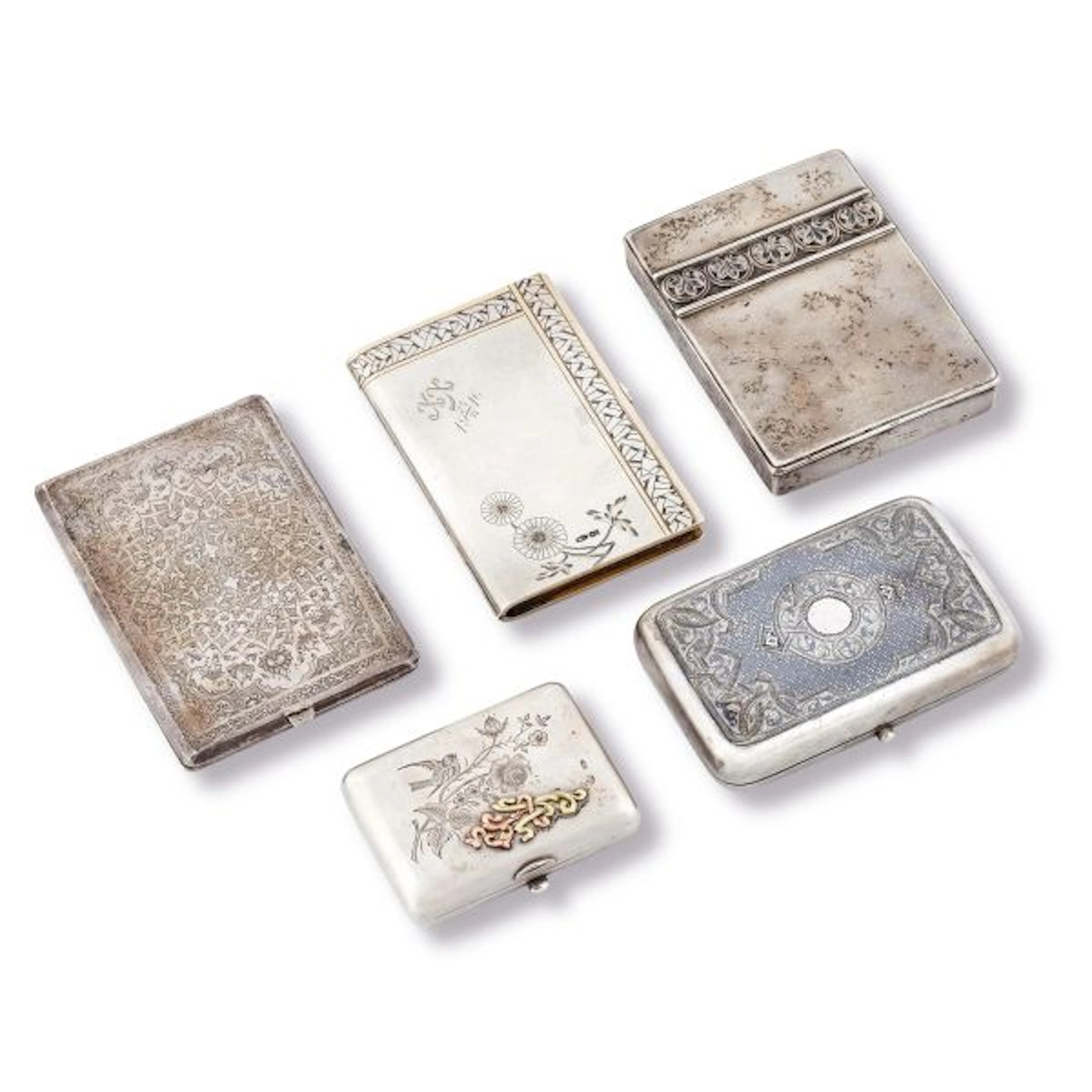 FOUR SILVER CIGARETTE BOXES AND A SNUFF BOX, RUSSIA, LATE 19TH/EARLY