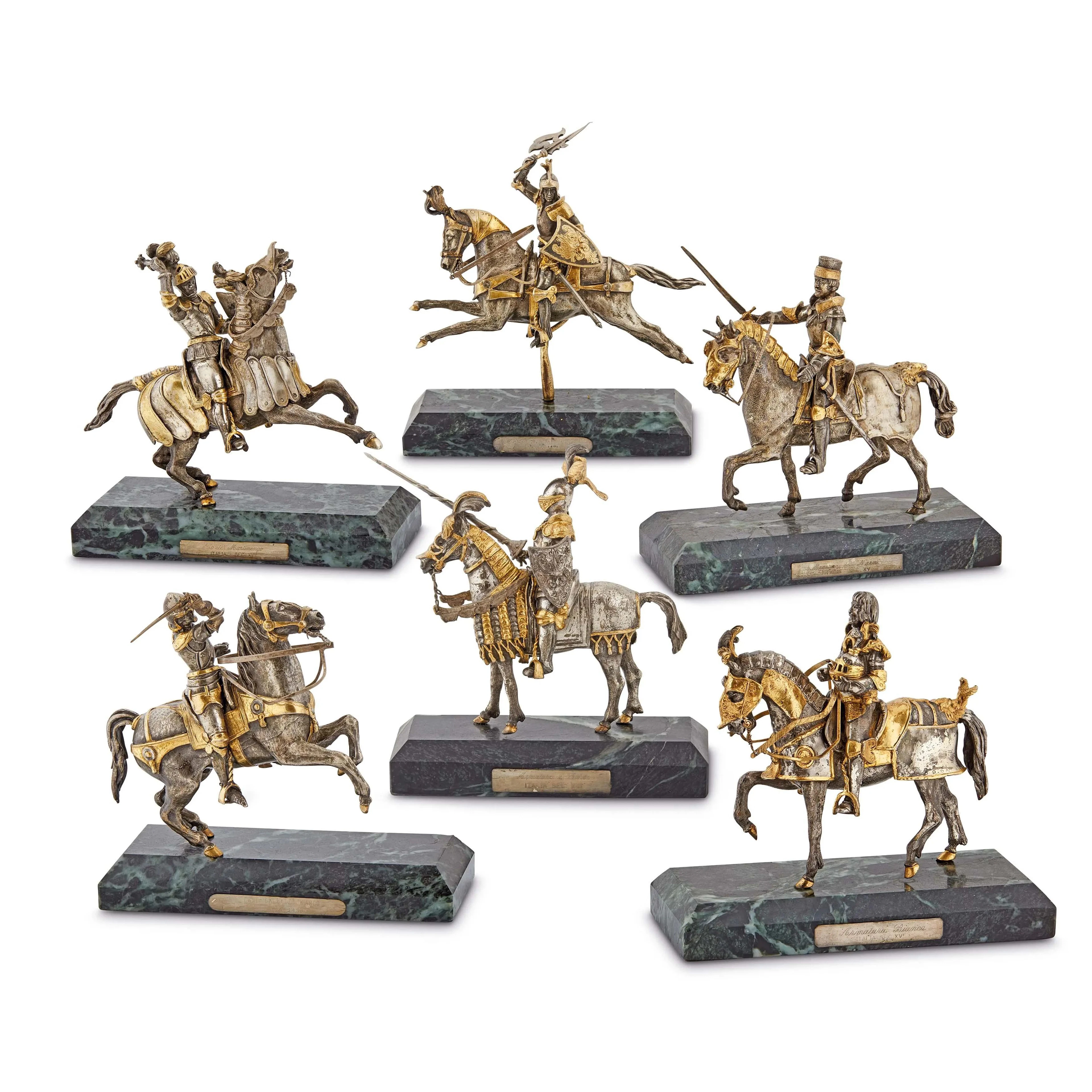 SIX SILVER AND SILVERPLATED EQUESTRIAN KNIGHTS, ITALY, 20TH CENTURY