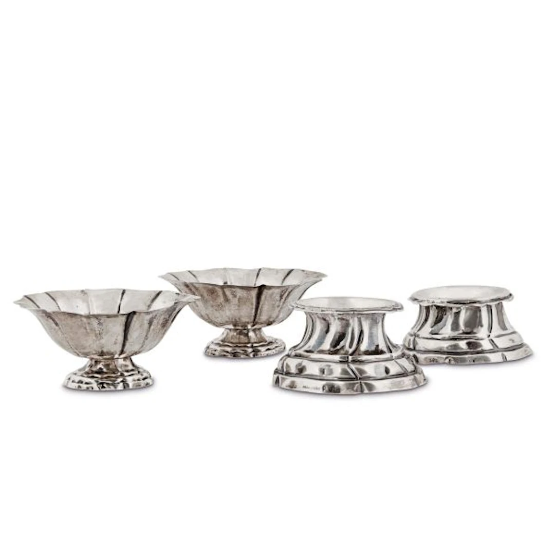 TWO SILVER SALT CELLARS AND TWO SILVER TAZZAS IN THE 18TH-CENTURY