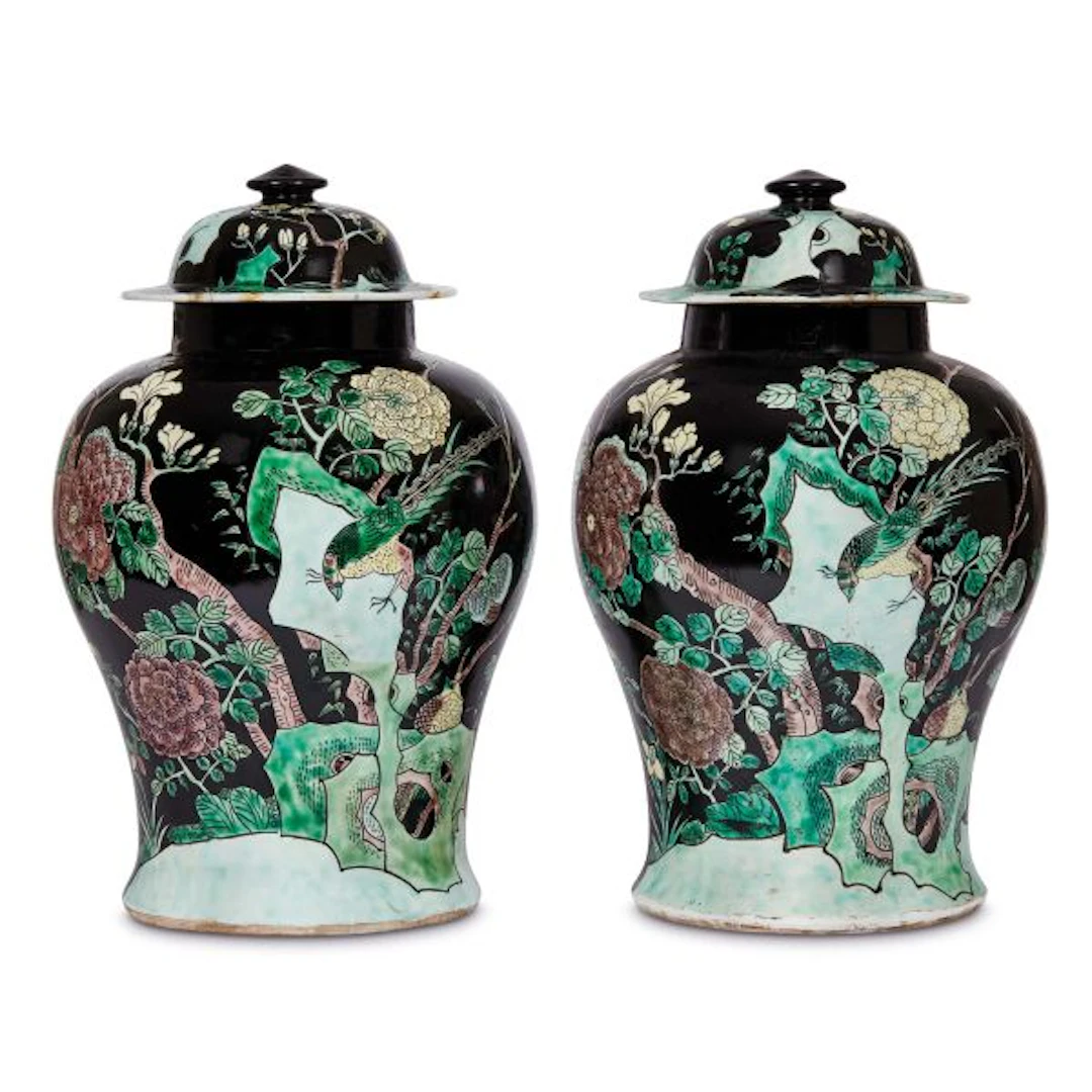 A PAIR OF FAMILLE-NOIRE POTICHES AND COVERS, 20TH CENTURY