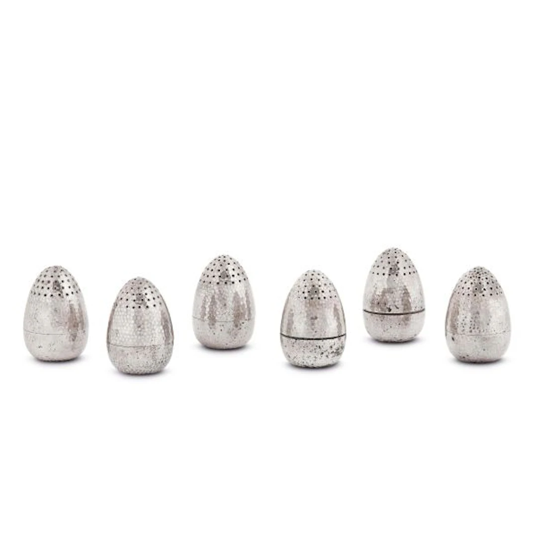 SIX SILVER EGG-SHAPED SALTS, A. GIACCHÈ, MILAN, 20TH CENTURY