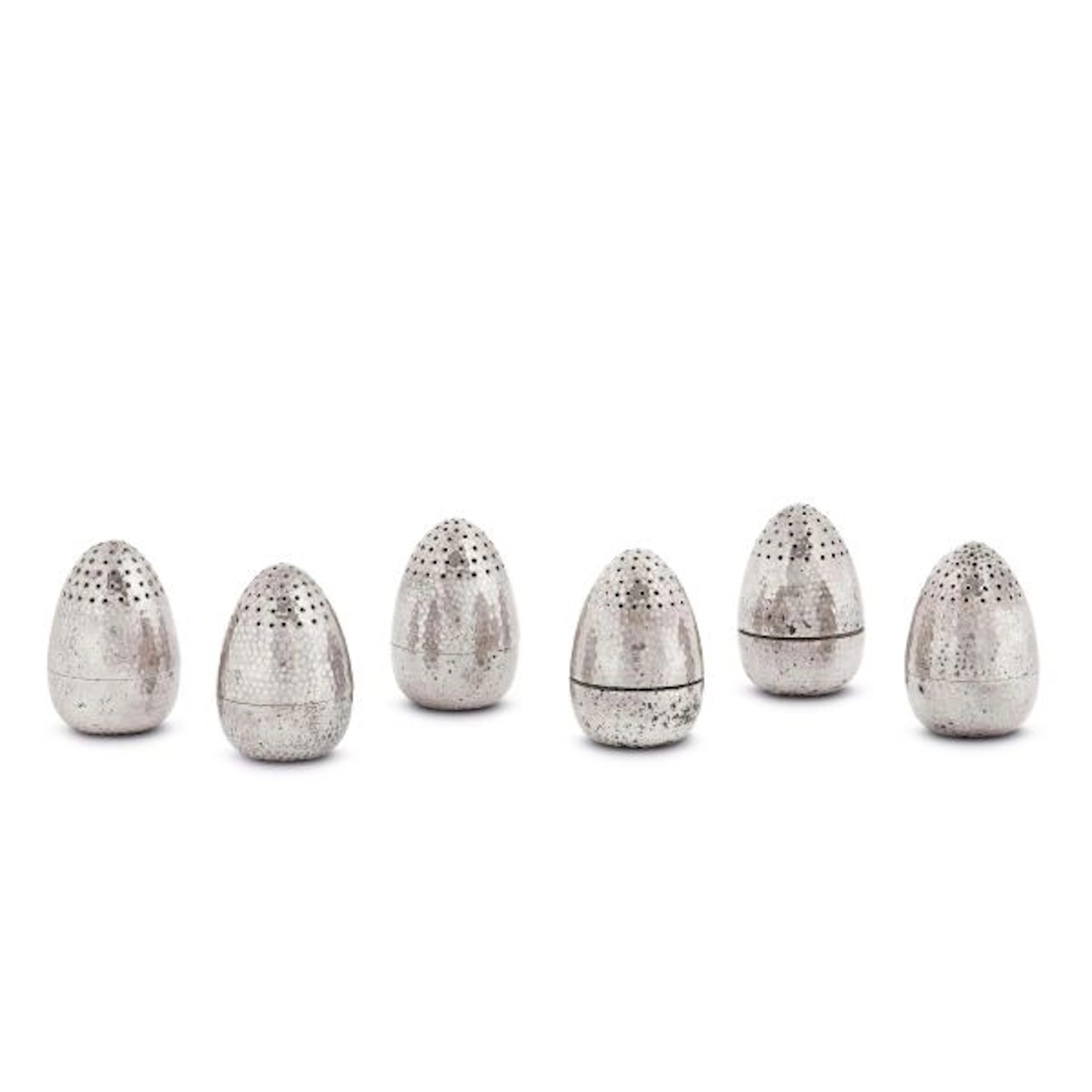 SIX SILVER EGG-SHAPED SALTS, A. GIACCHÈ, MILAN, 20TH CENTURY
