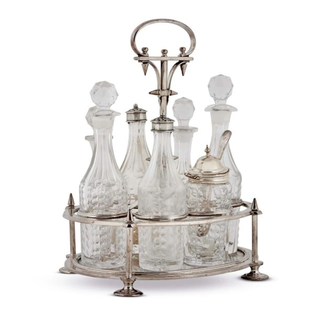 A SILVERPLATED AND GLASS CRUET, 20TH CENTURY