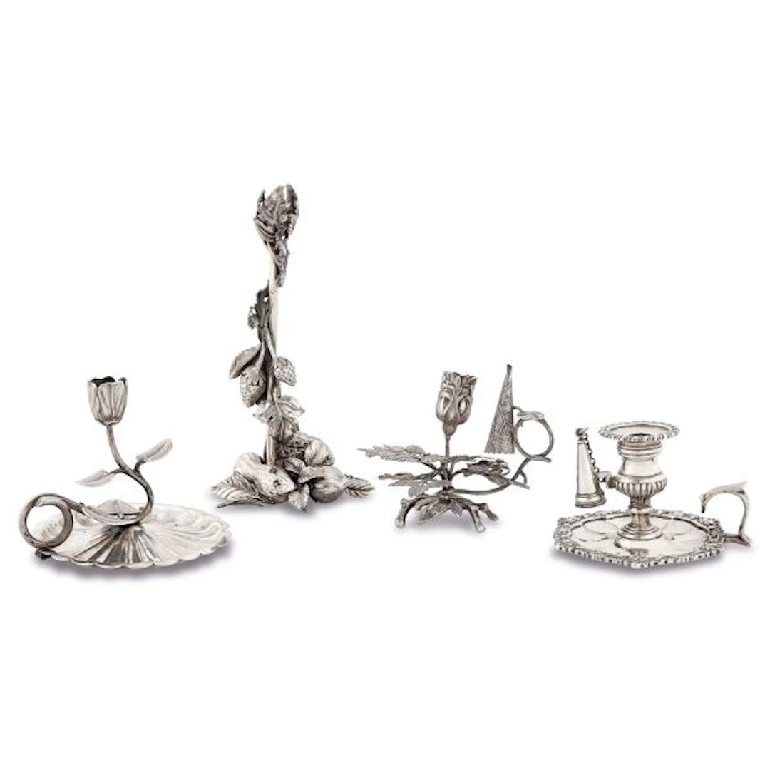 THREE SILVER CHAMBERSTICKS AND A SMALL CANDLESTICK, 19TH/20TH CENTURY