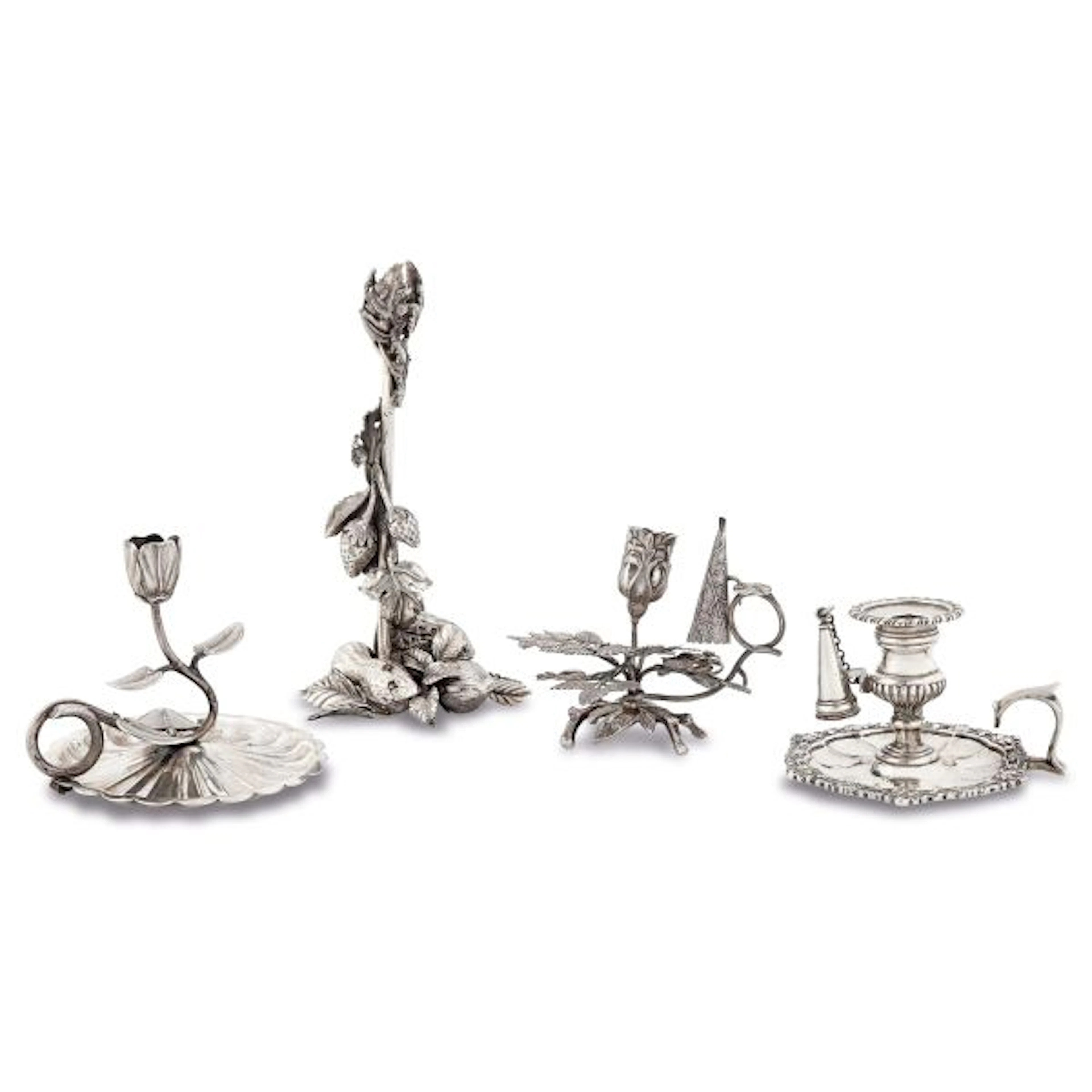 THREE SILVER CHAMBERSTICKS AND A SMALL CANDLESTICK, 19TH/20TH CENTURY