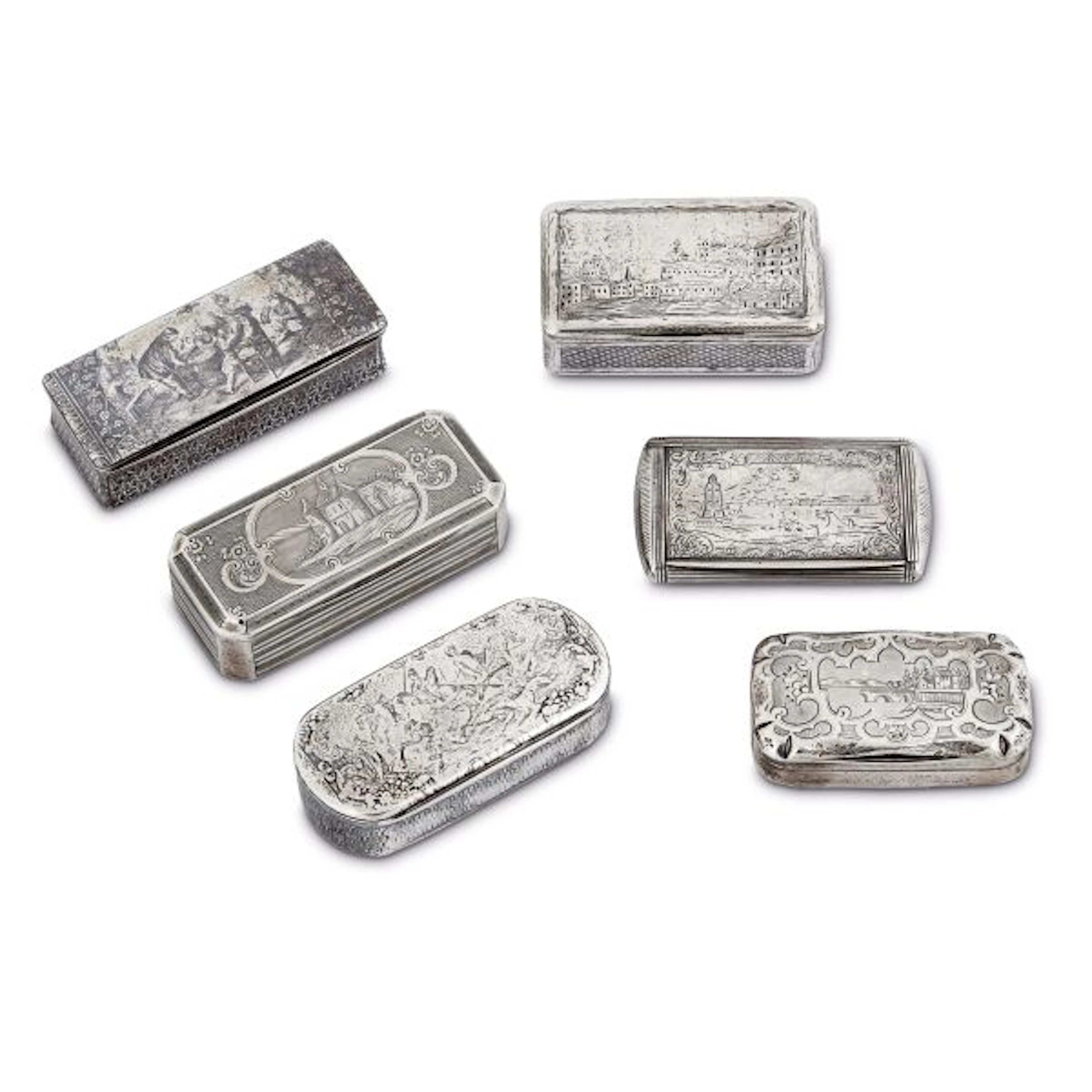 SIX SILVER SNUFF BOXES, 19TH CENTURY
