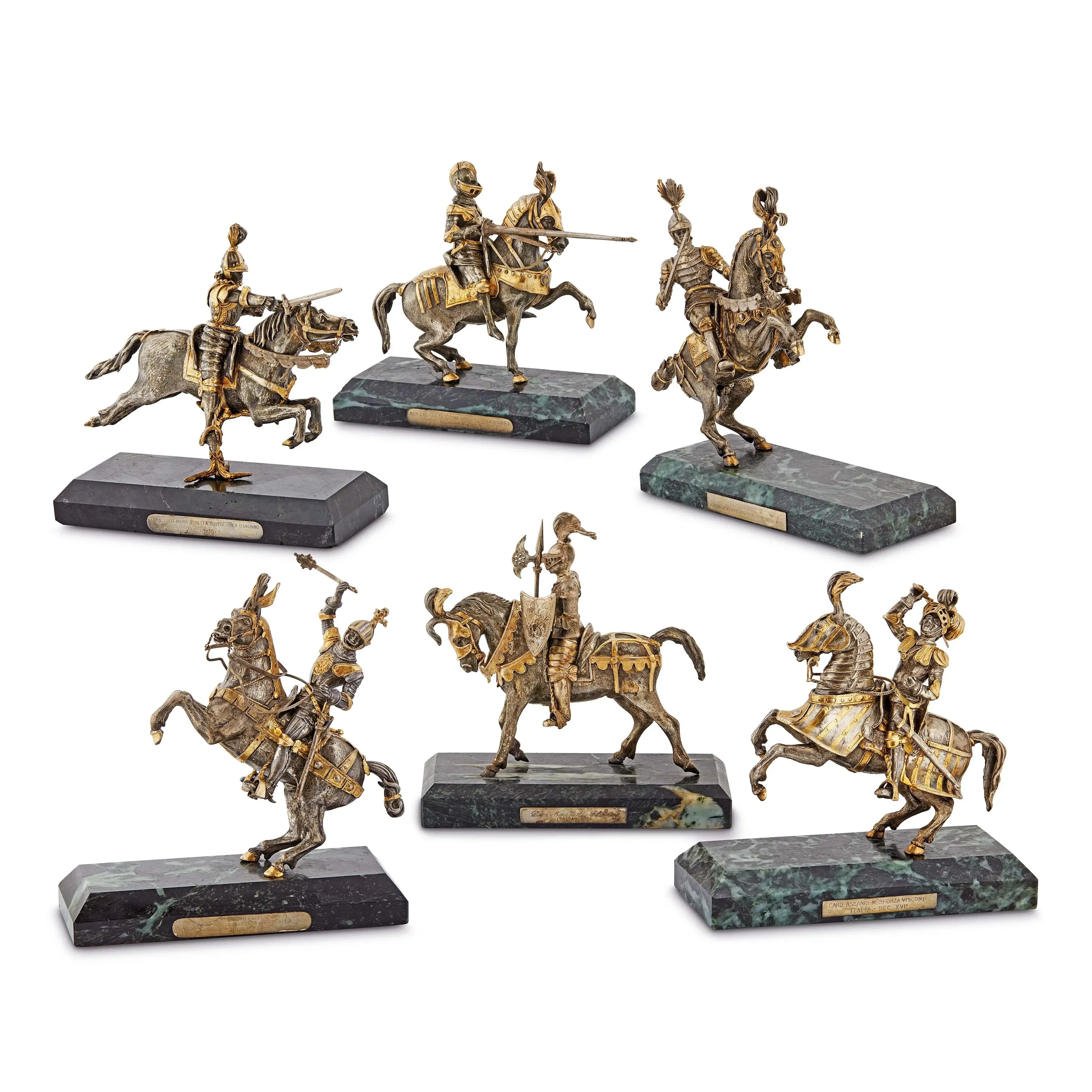 SIX SILVER AND SILVERPLATED EQUESTRIAN KNIGHTS, ITALY, 20TH CENTURY