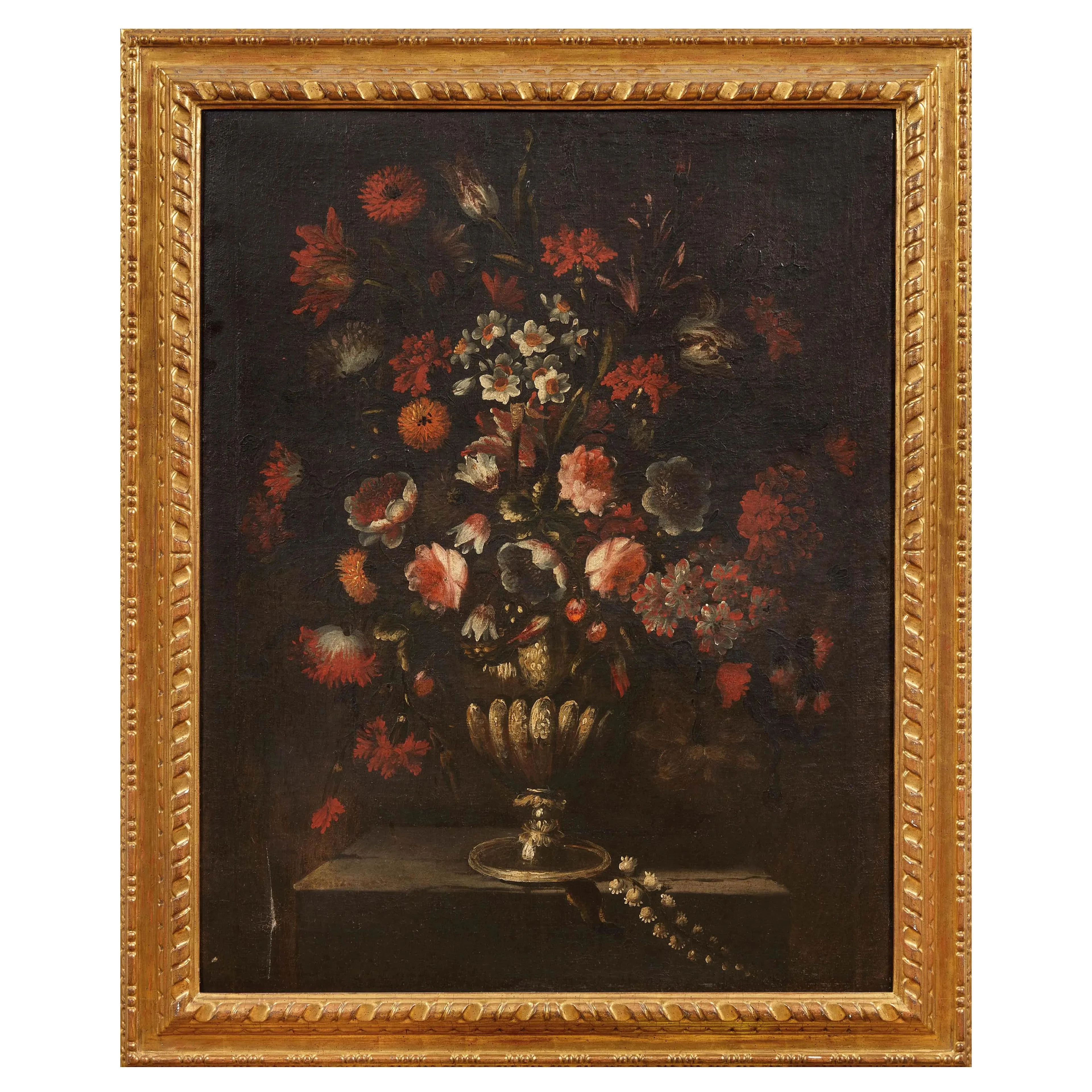 Tuscan school, 17th-18th century, bronze vase with peonies, carnations