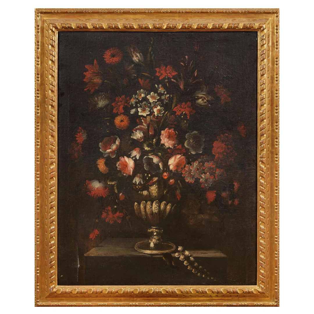Tuscan school, 17th-18th century, bronze vase with peonies, carnations