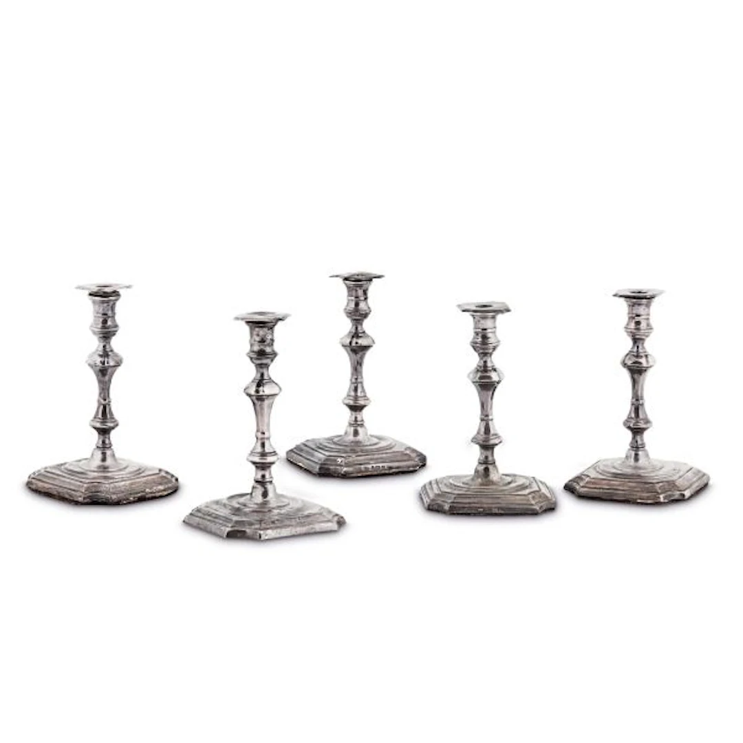 FIVE SMALL SILVER CANDLESTICKS, GEORGE R. UNITE, LONDON, 1892