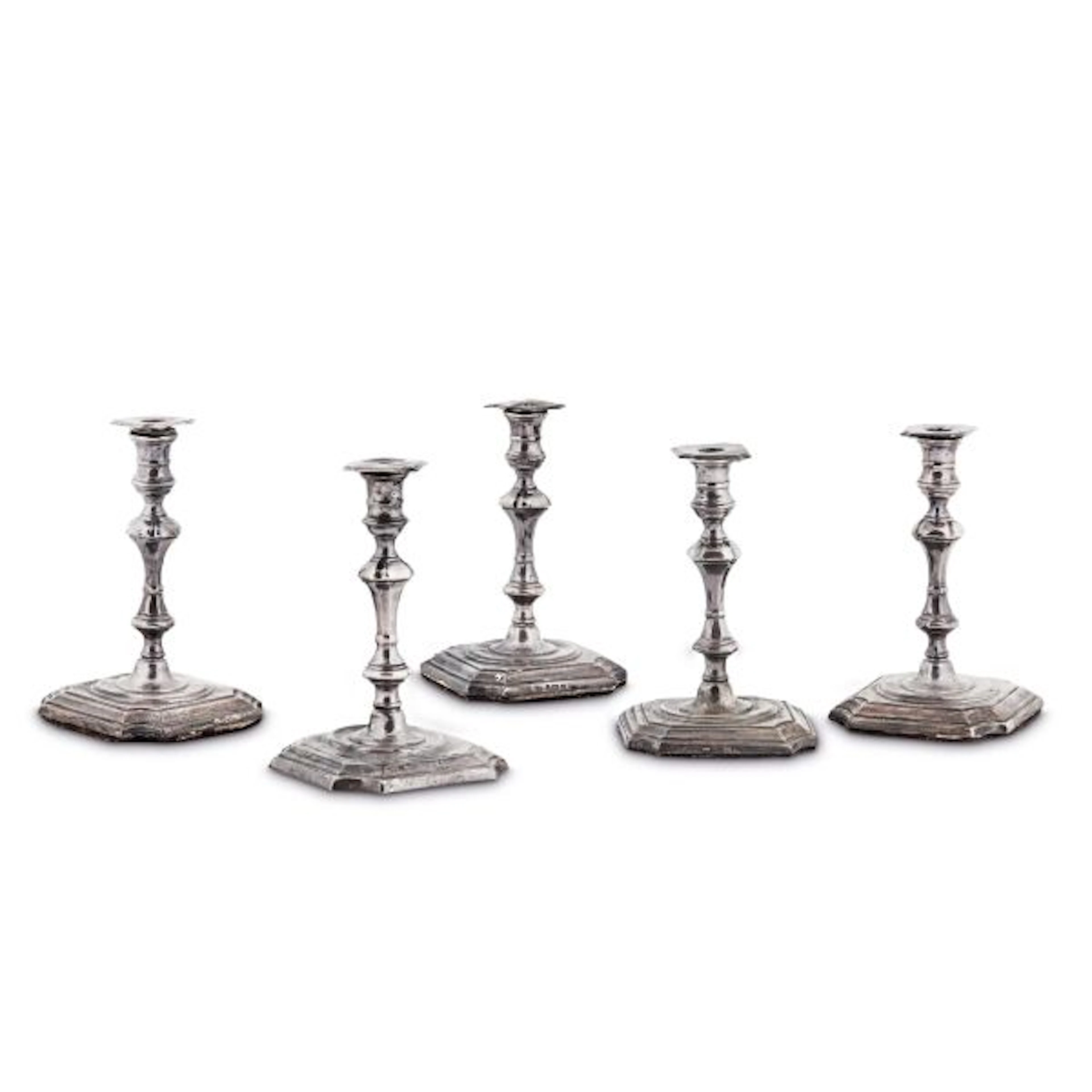 FIVE SMALL SILVER CANDLESTICKS, GEORGE R. UNITE, LONDON, 1892