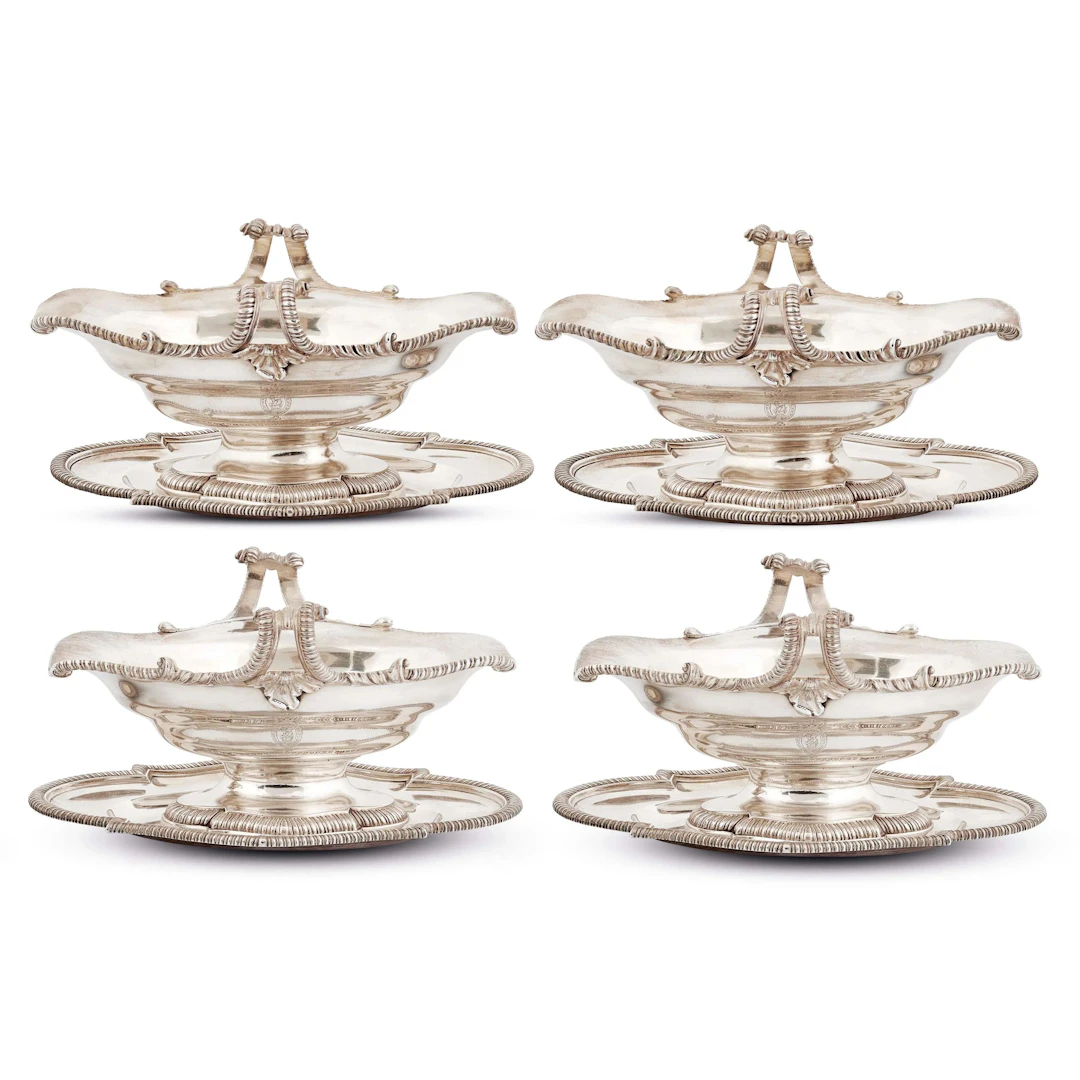 FOUR SILVER SAUCE BOATS WITH STANDS, EDWARD WAKELIN, LONDON, 1756/1757
