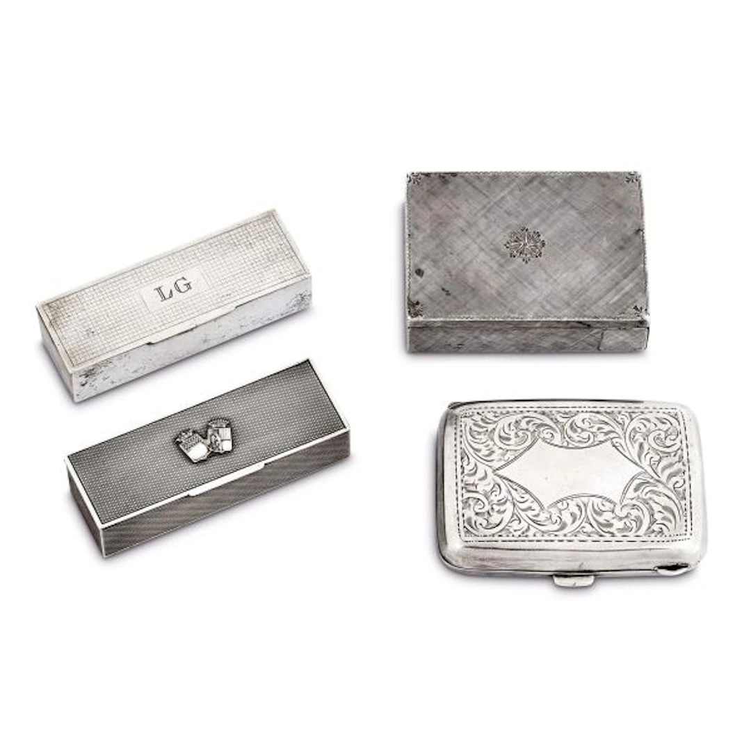 THREE SILVER SNUFF BOXES AND A TROUSSE, 20TH CENTURY