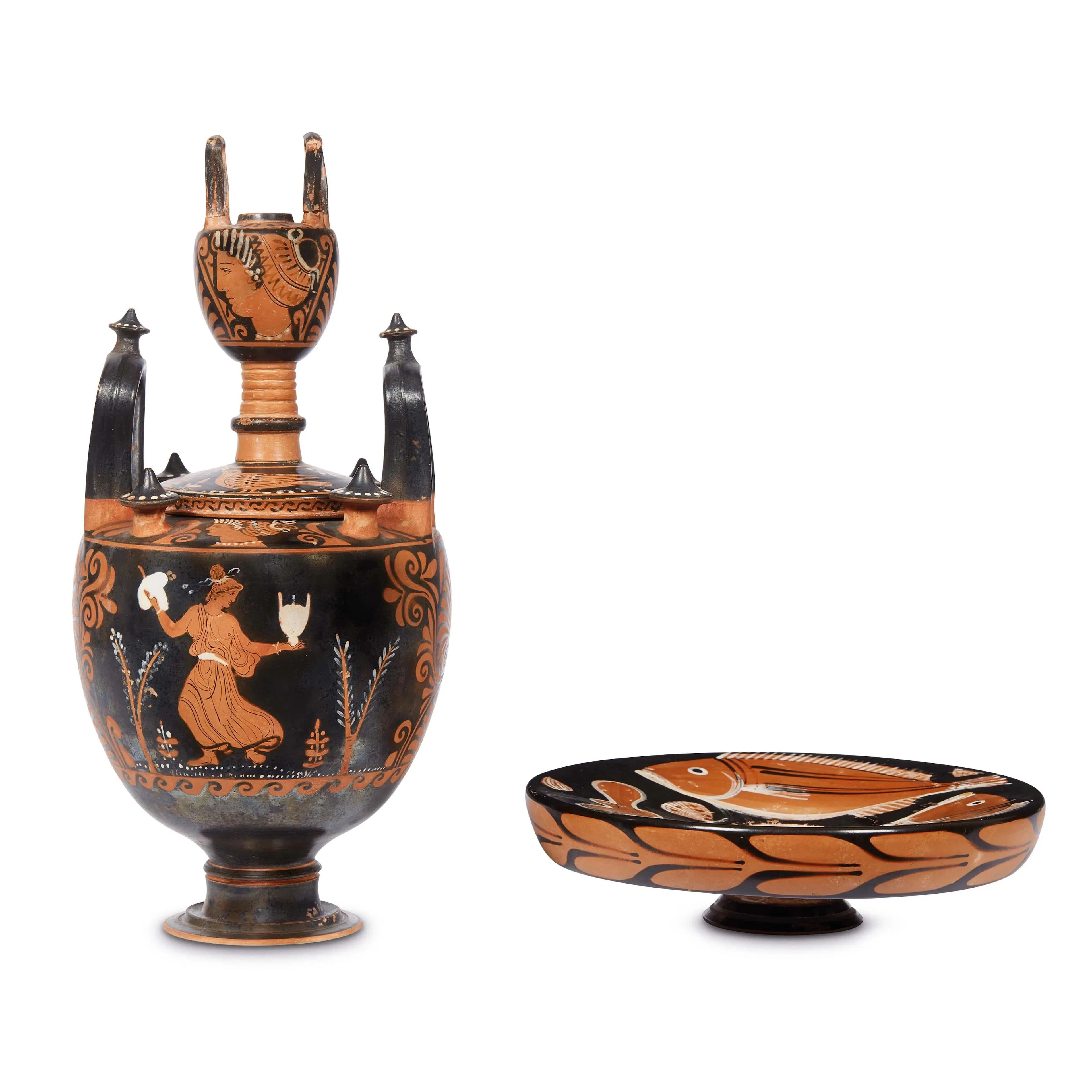 A LEBES GAMIKOS AND A FISH-PLATE, 19TH CENTURY
