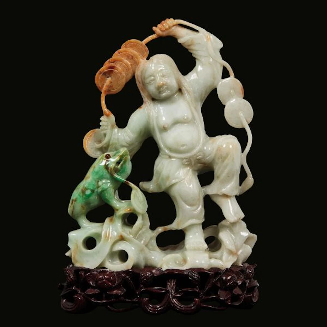 A JADEITE CARVING OF LIU HAI AND THE TOAD, CHINA, LATE QING DYNASTY