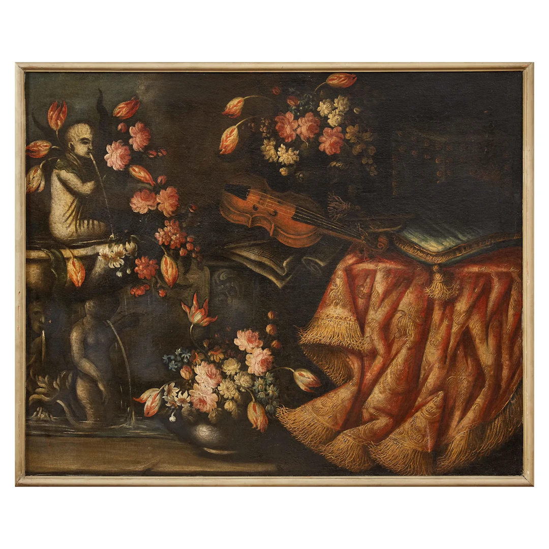 Workshop of Antonio Gianlisi, 18th century, still life with a fountain