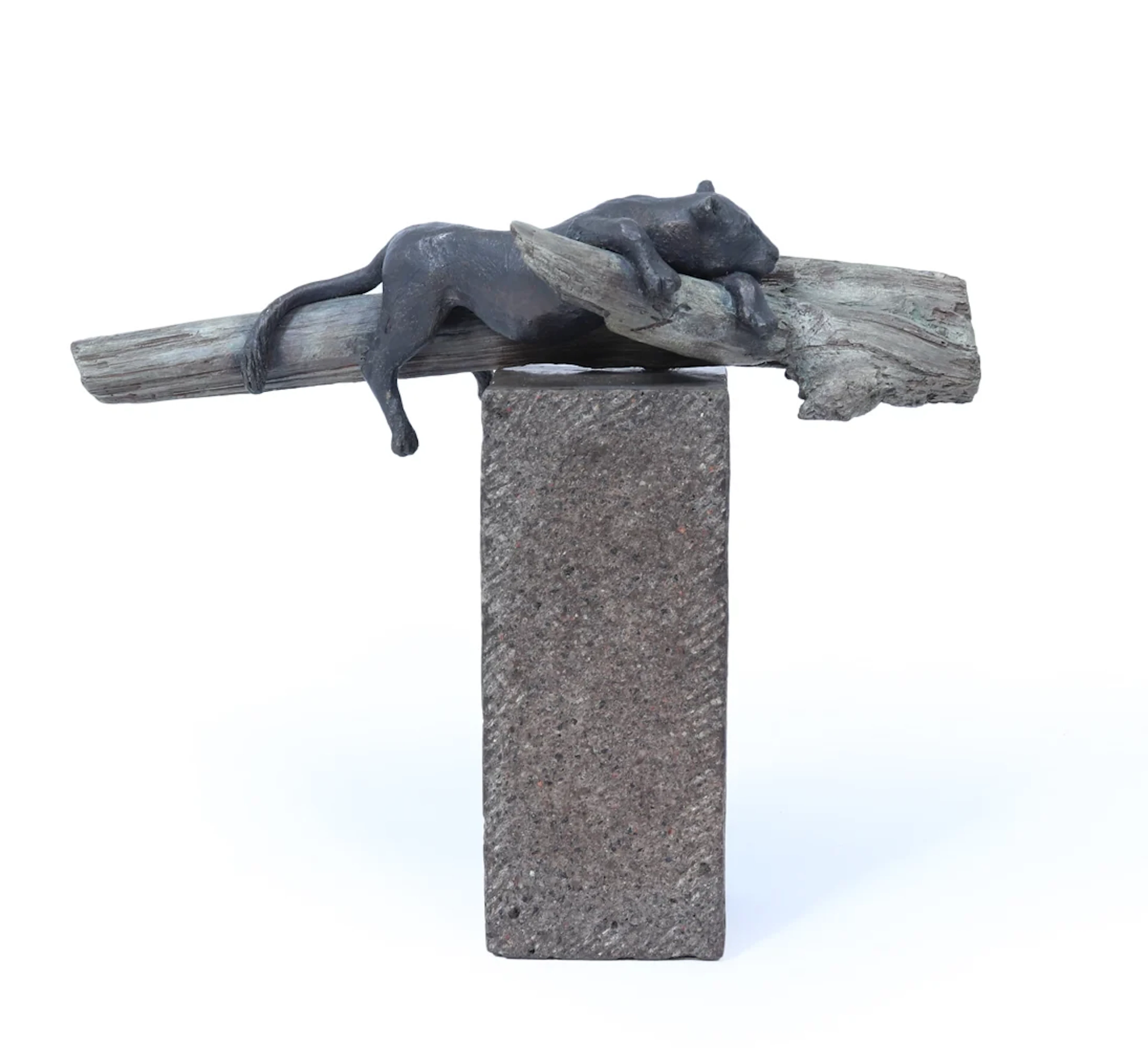 Bronze Sculpture of a Resting Lioness on Cold-Painted Log