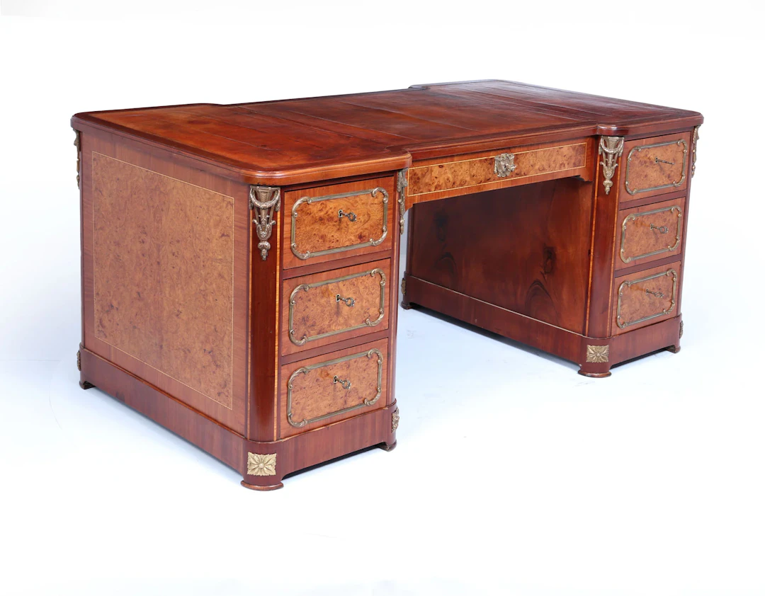 Fine French Burr Walnut Pedestal Desk with Gilt Bronze Ormolu Mounts c1880