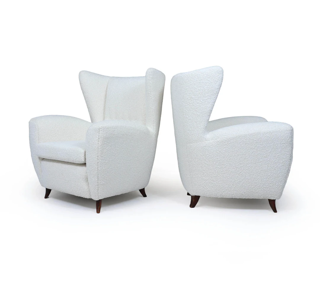 Pair of Italian Mid-Century Wingback Armchairs in Bouclé, c. 1950s