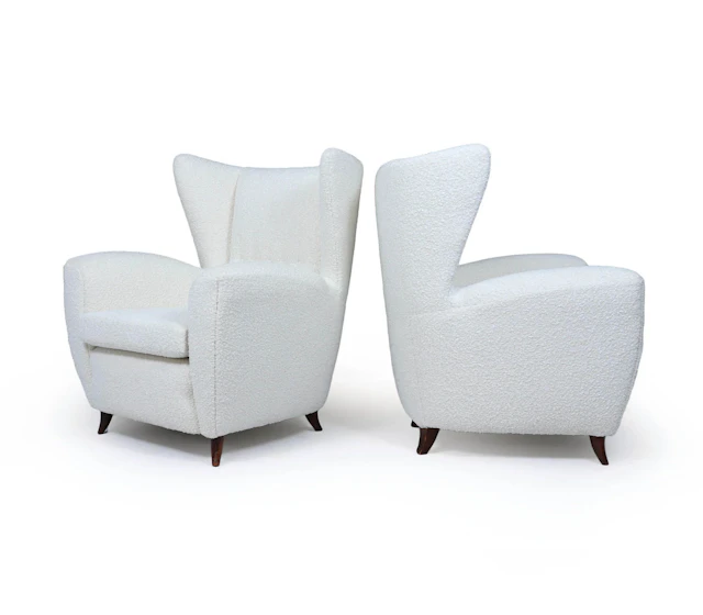 Pair of Italian Mid-Century Wingback Armchairs in Bouclé, c. 1950s