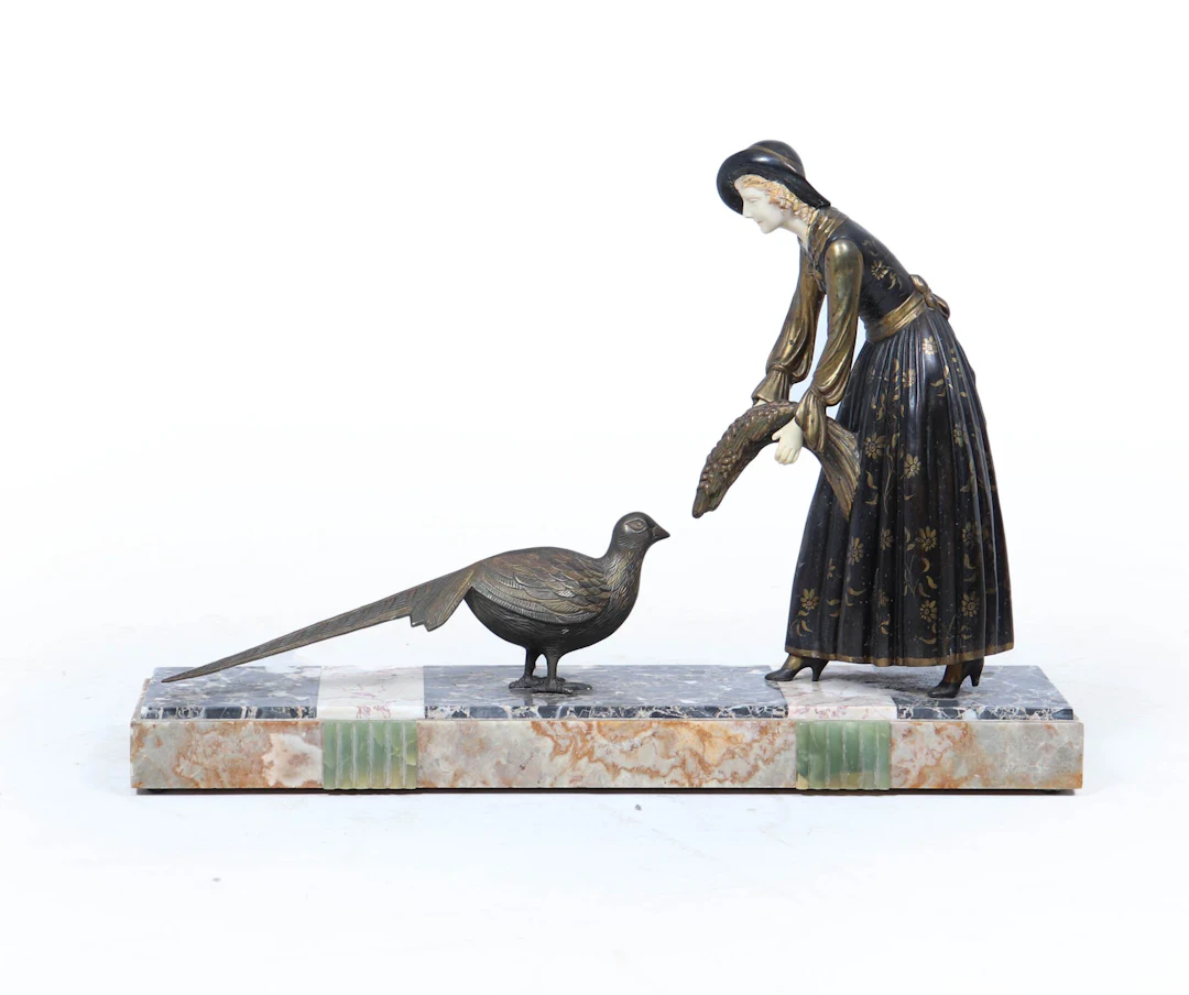Art Deco Sculpture with Marble Base– Woman with Pheasant