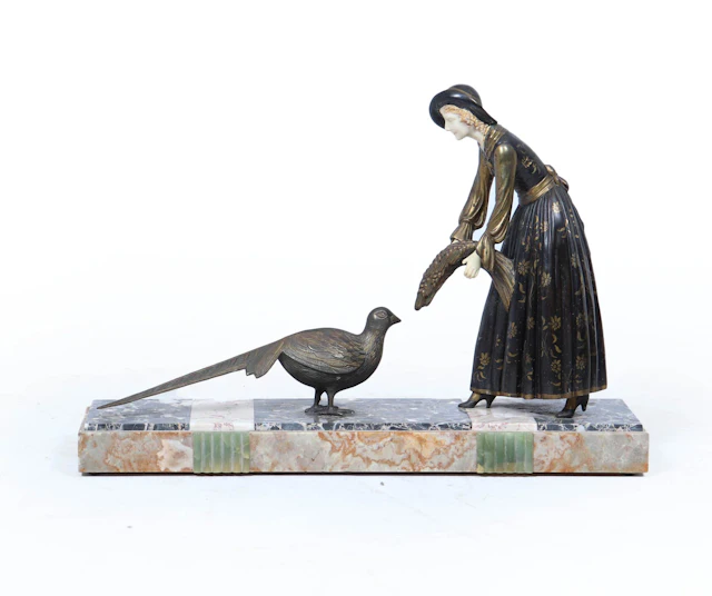 Art Deco Sculpture with Marble Base– Woman with Pheasant