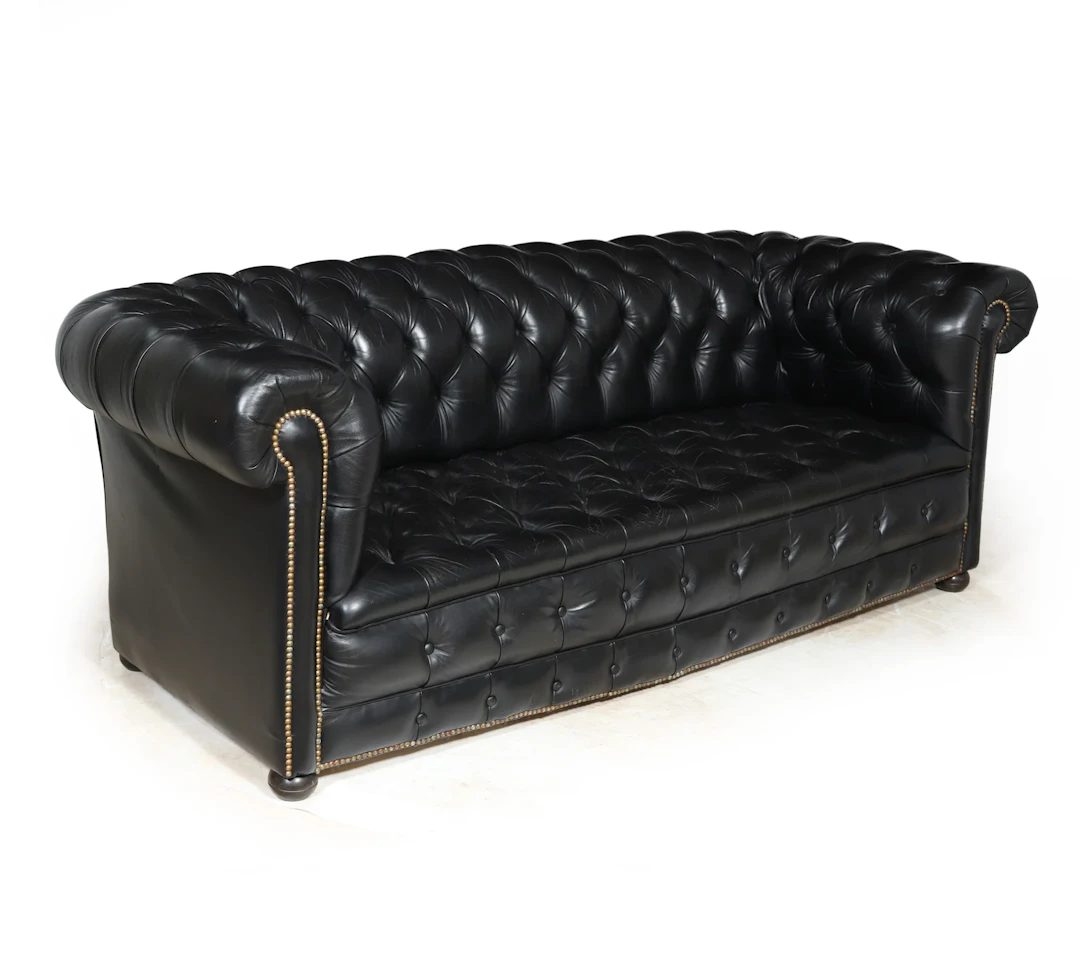 Black leather Buttoned seat Chesterfield Sofa