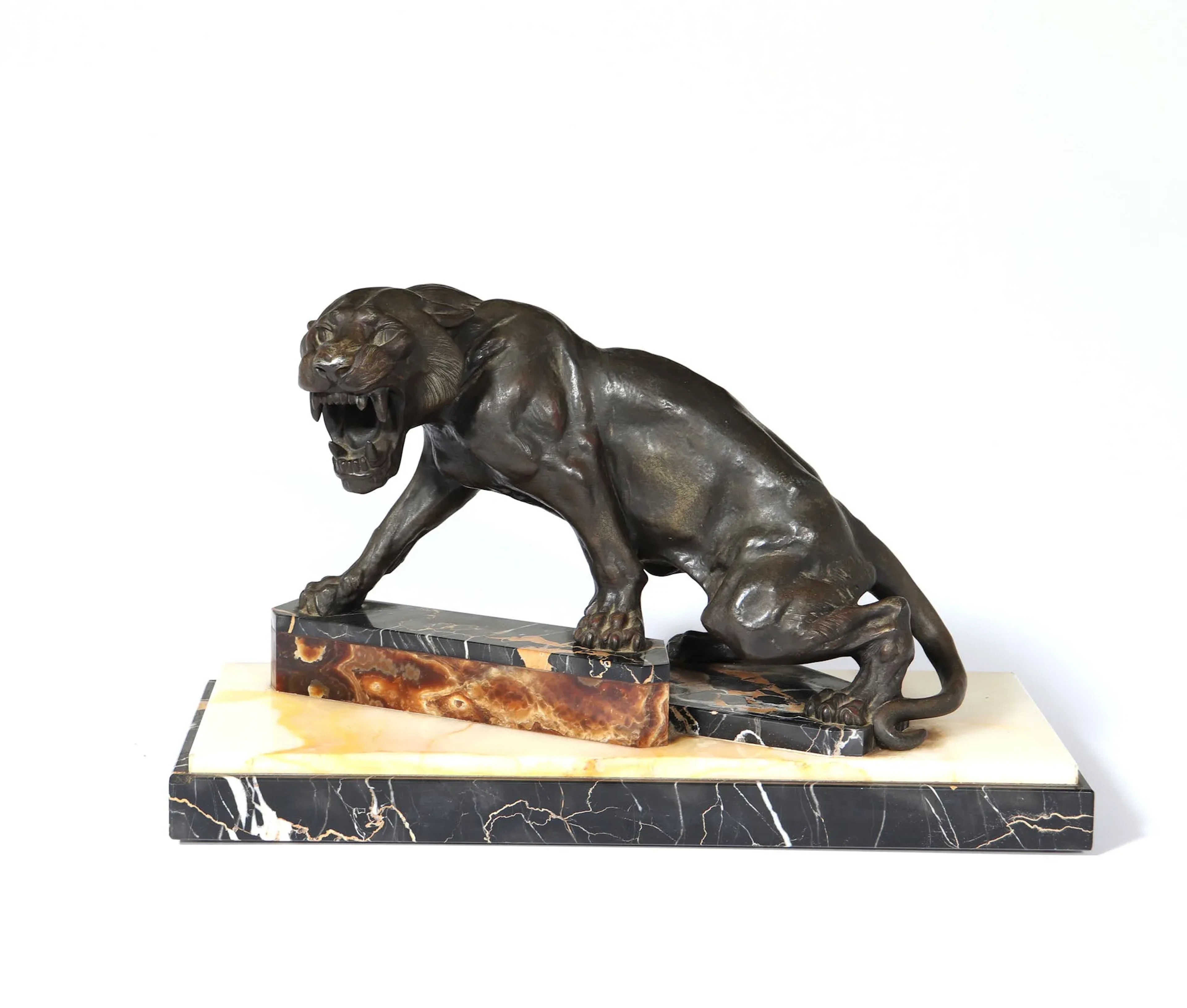 Art Deco Patinated Bronze Tiger on Marble and Onyx