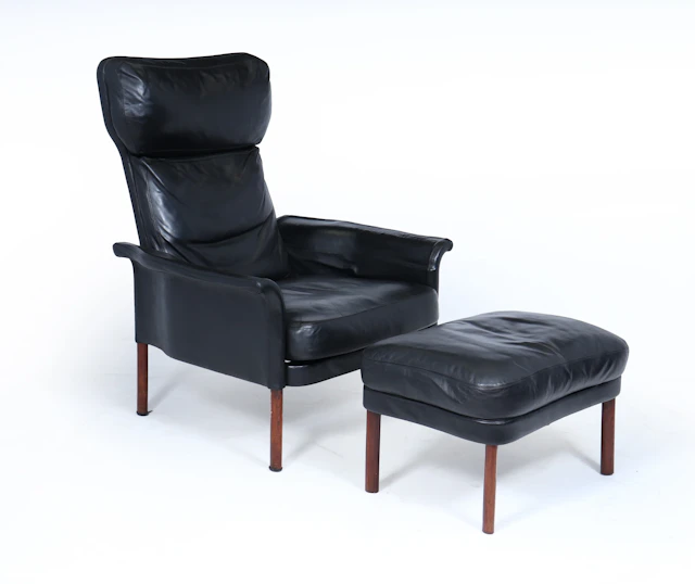 Hans Olsen Black Leather Lounge Chair & Stool, Circa 1960