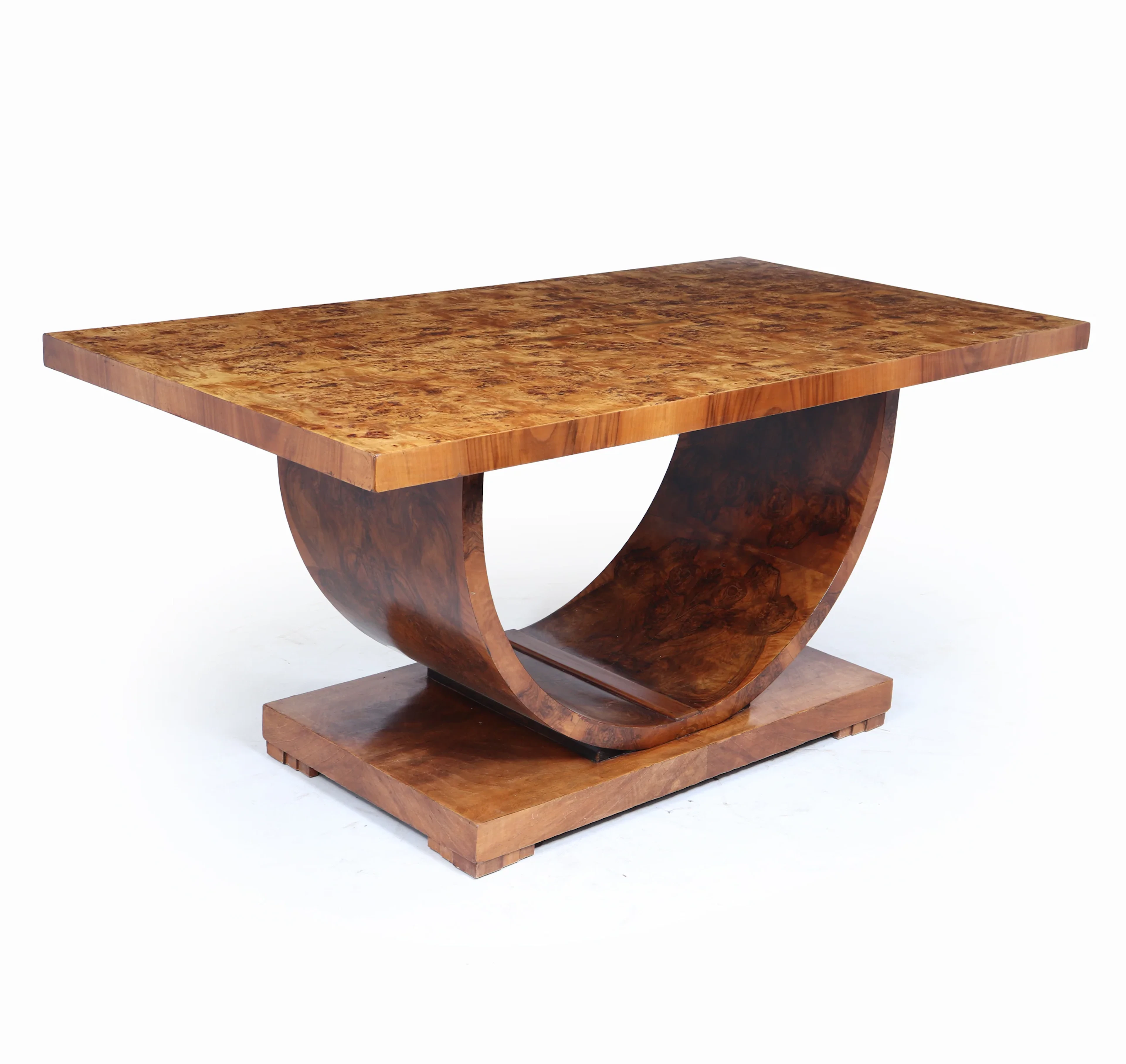 French Art Deco U-Base Dining Table in Burr Walnut, c.1930s
