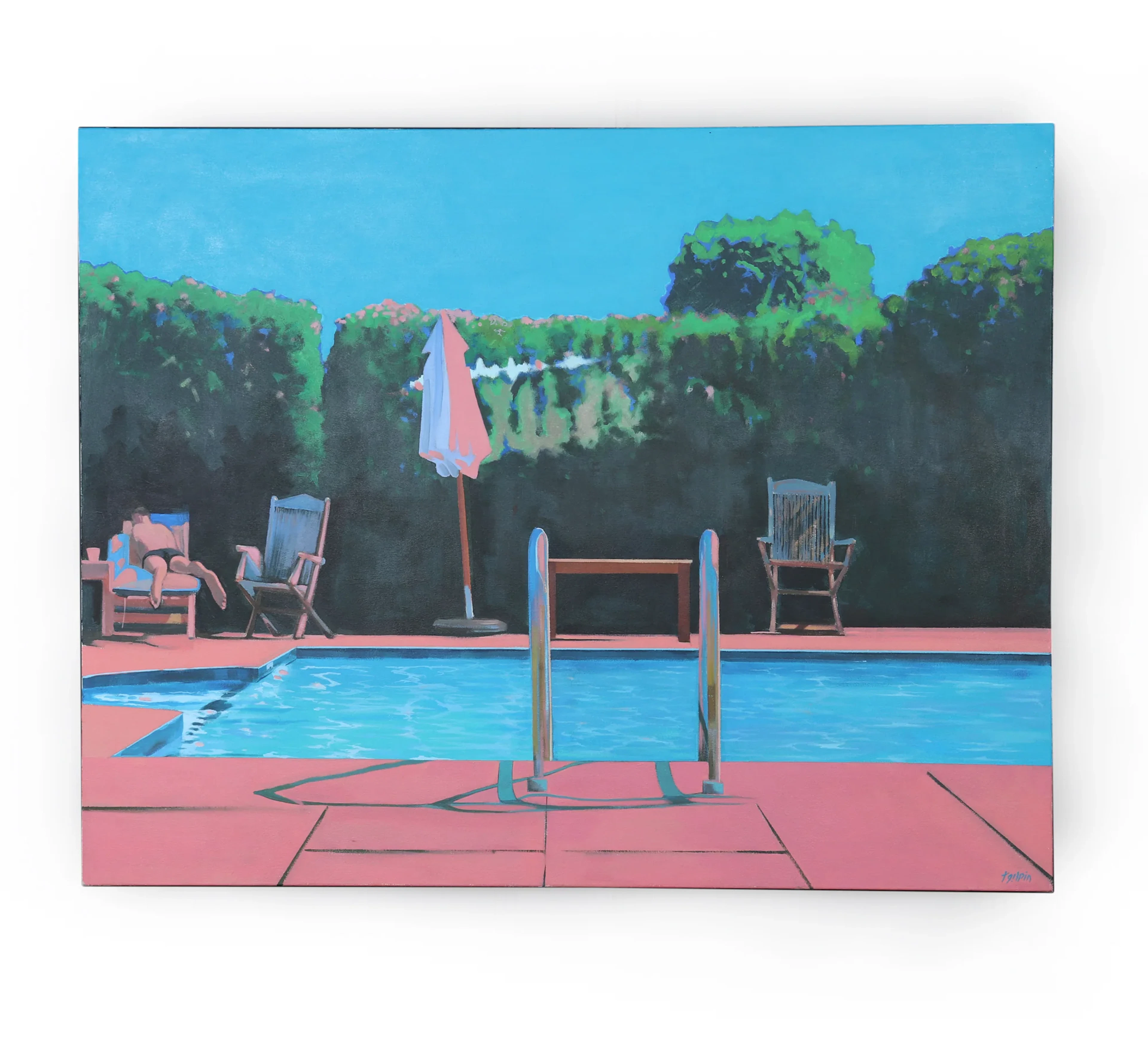 Contemporary Poolside Oil Painting on Canvass Signed