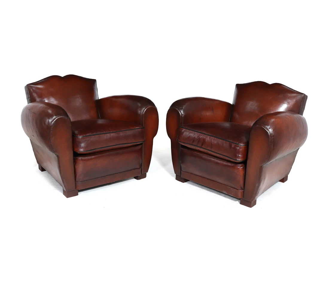 Pair of 1930’s Moustache Back French Leather Club Chairs