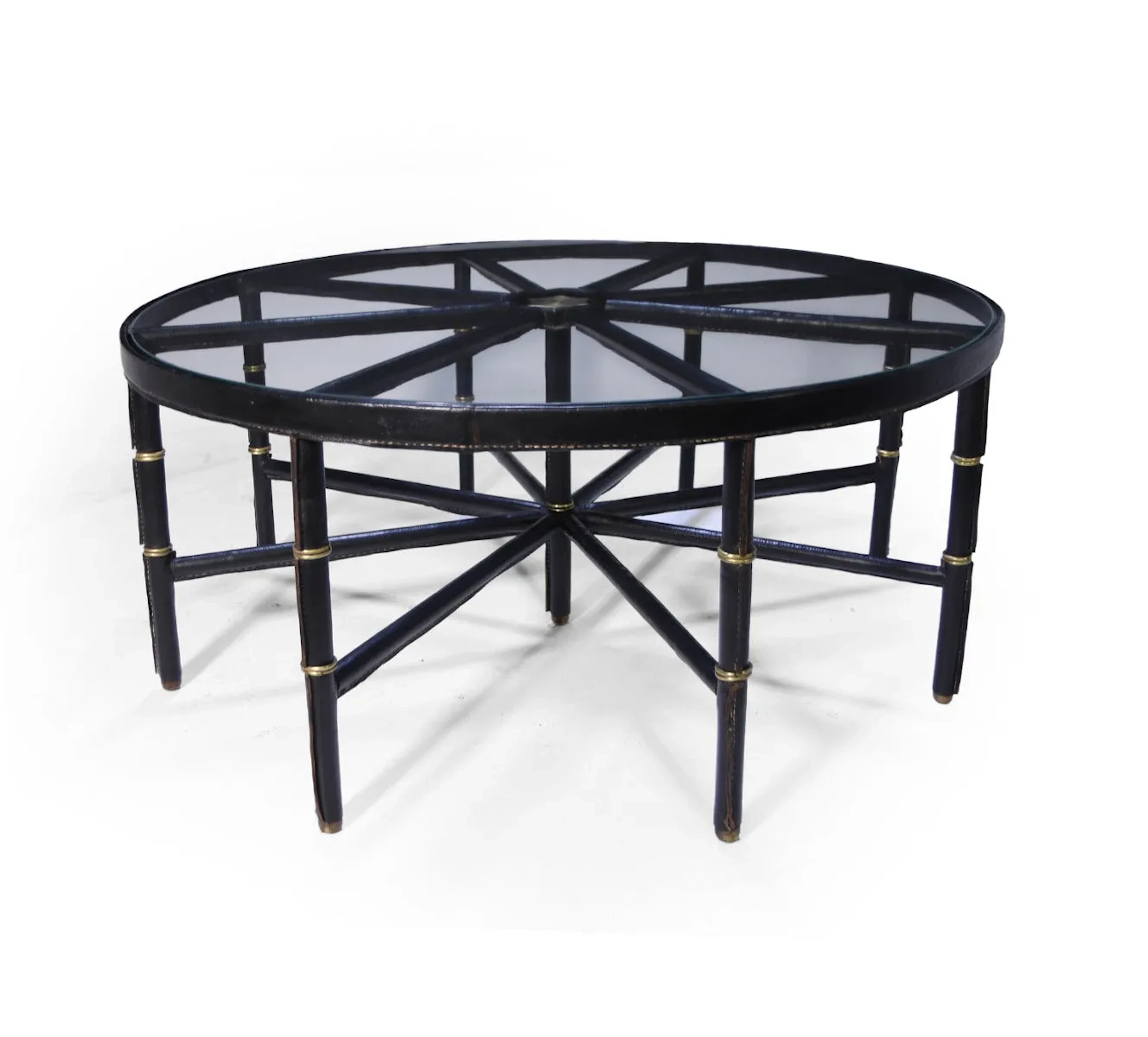 Stitched Leather and Brass Table by Jacques Adnet