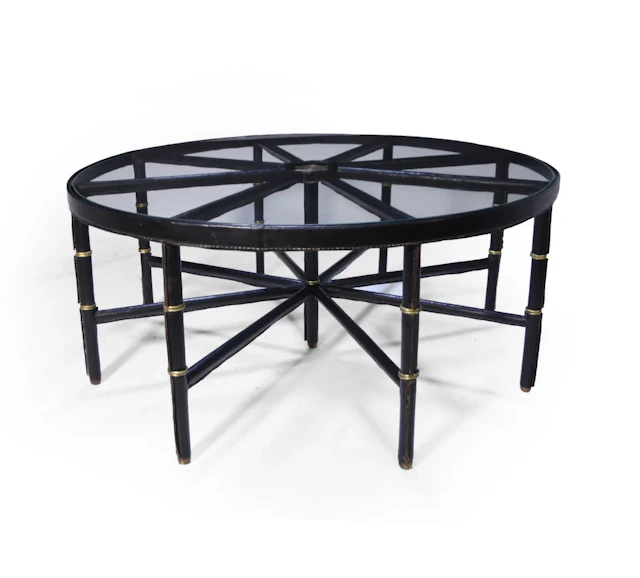 Stitched Leather and Brass Table by Jacques Adnet