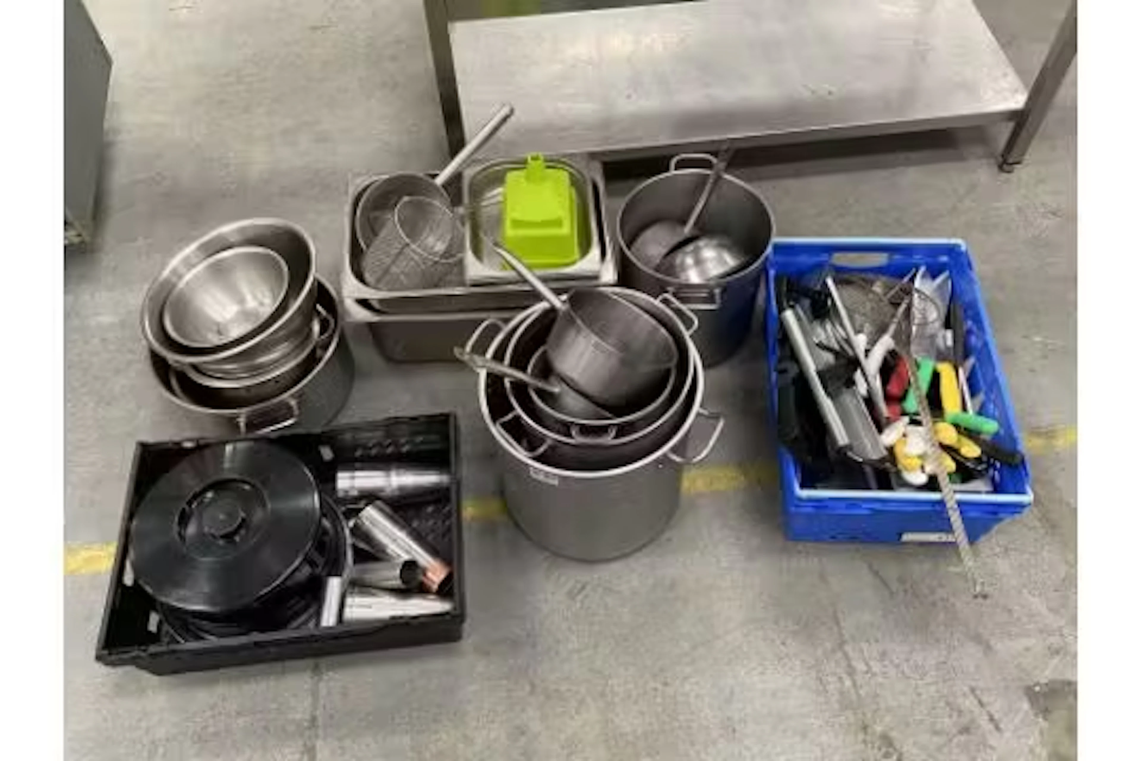 A quantity of commercial catering utensils, knives, pots, pans, cocktail