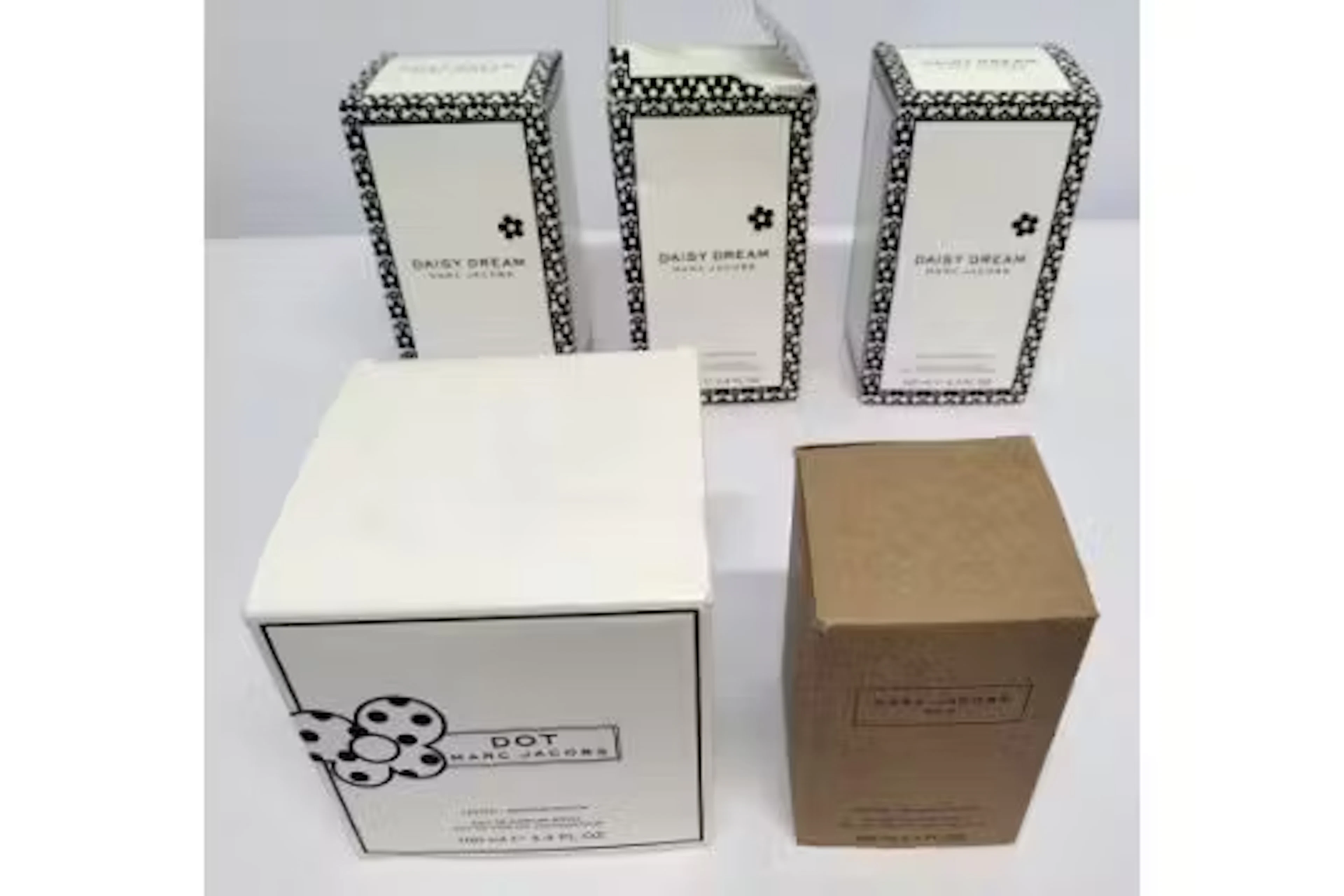 Five Marc Jacobs related perfume testers - Dot, Daisy and Rain (packaging