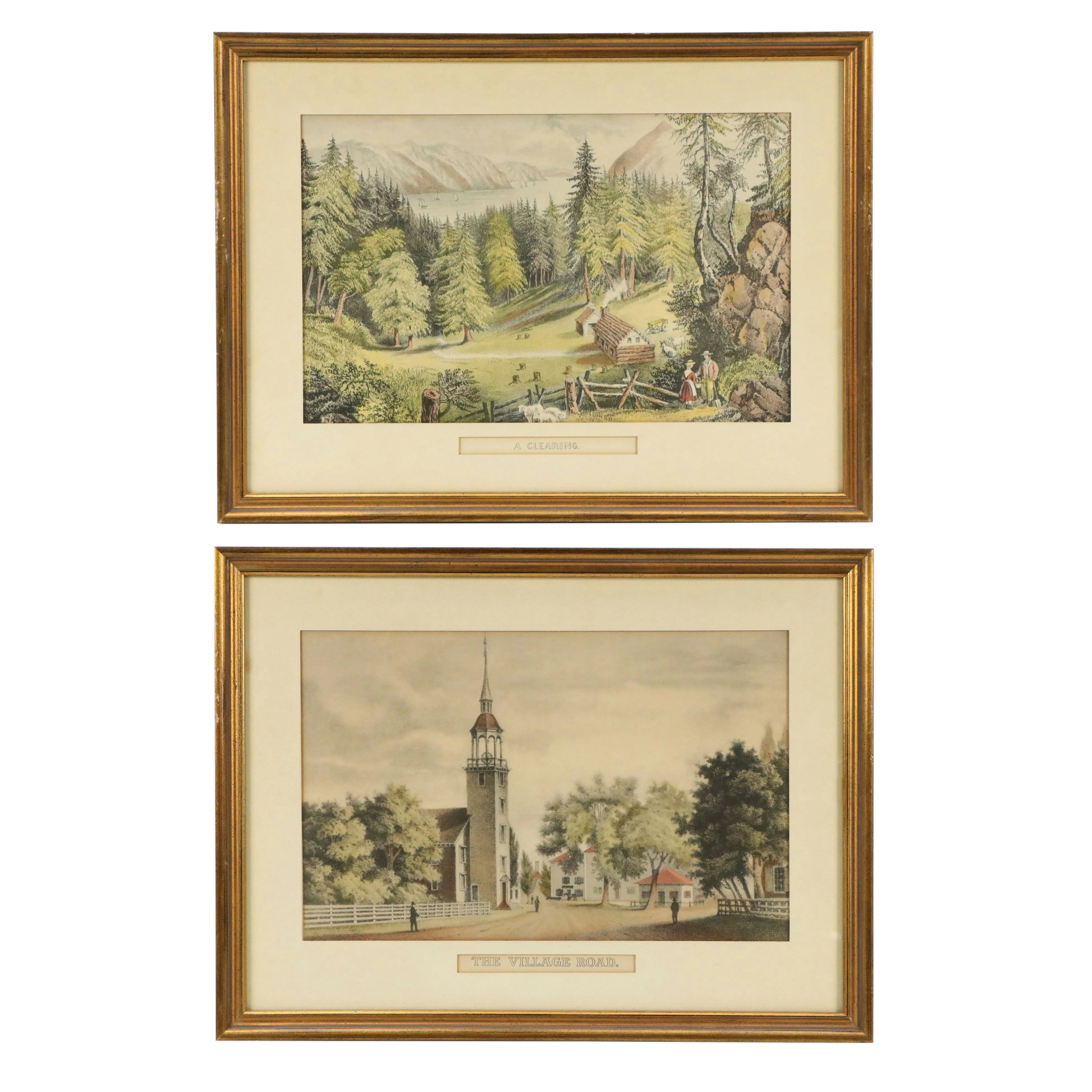 Antique Collotypes of Currier & Ives "The Village Road" and "A Clearing"