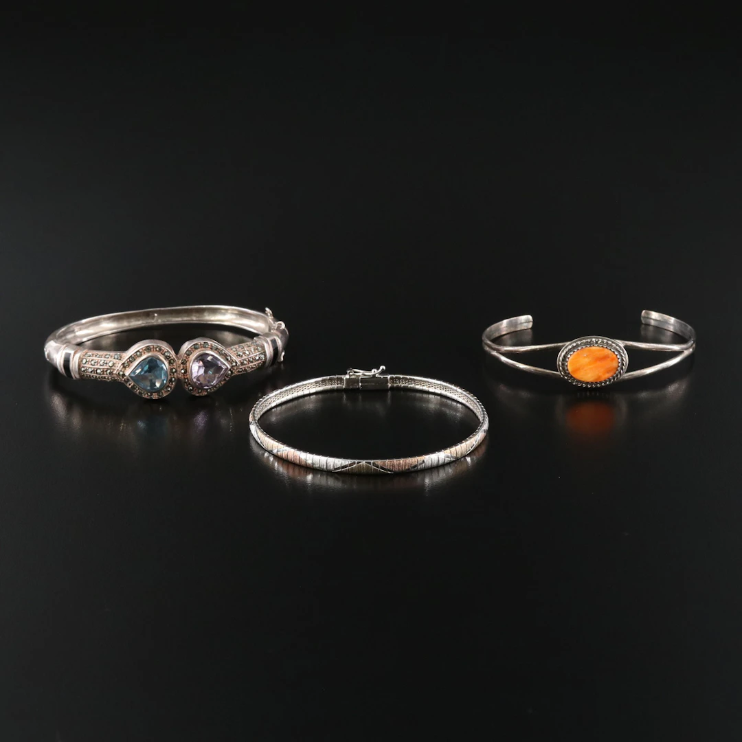 Spiny Oyster, Amethyst, and Blue Topaz Featured in Sterling Bracelets