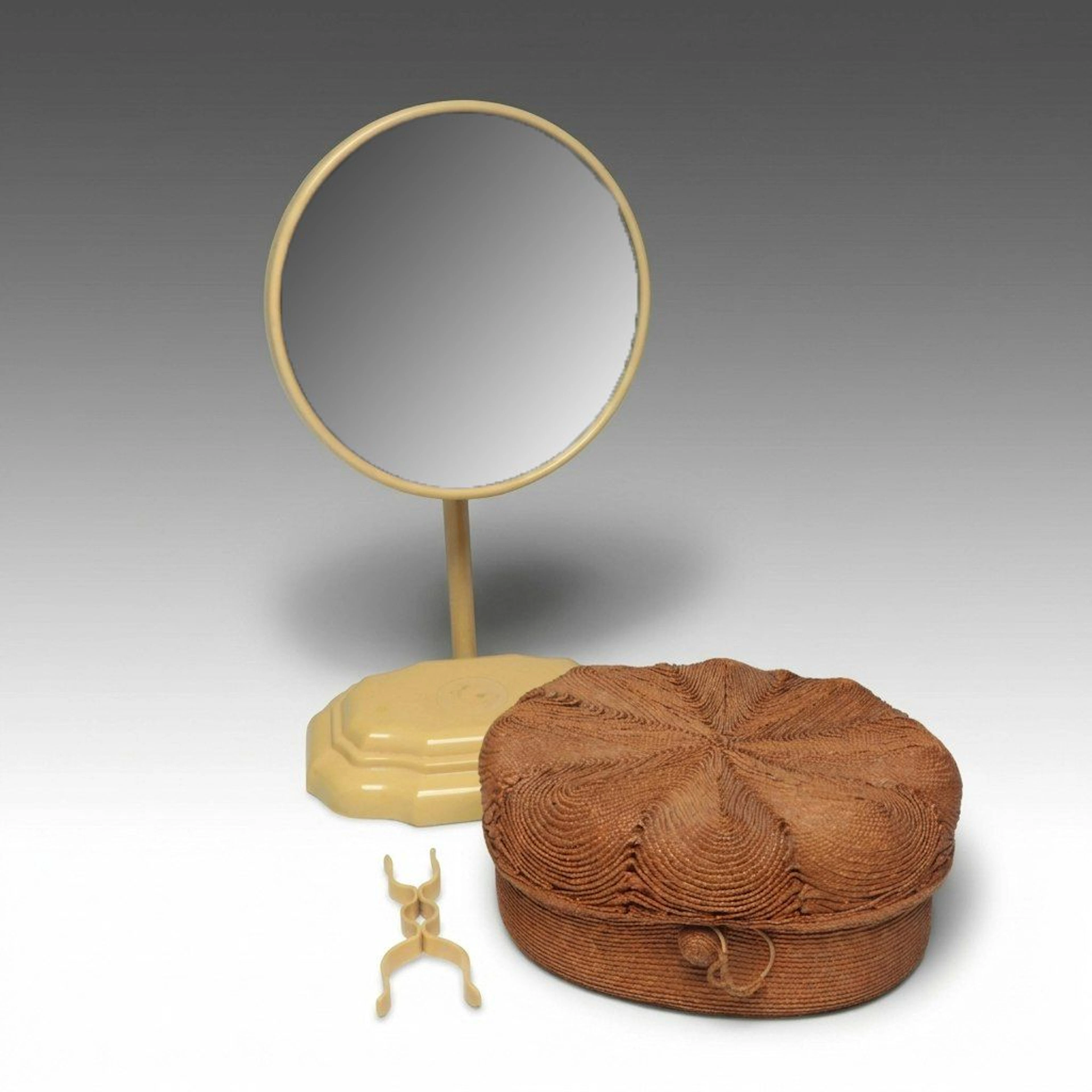 Adjustable Celluloid Vanity Mirror with Italian Woven Case, Mid to Late 20th C.