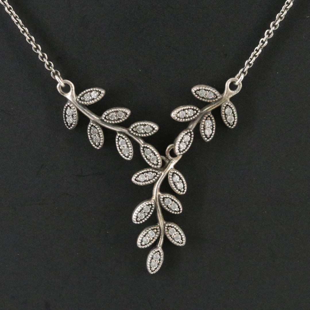 Pandora Sterling CZ Leaf Y Necklace